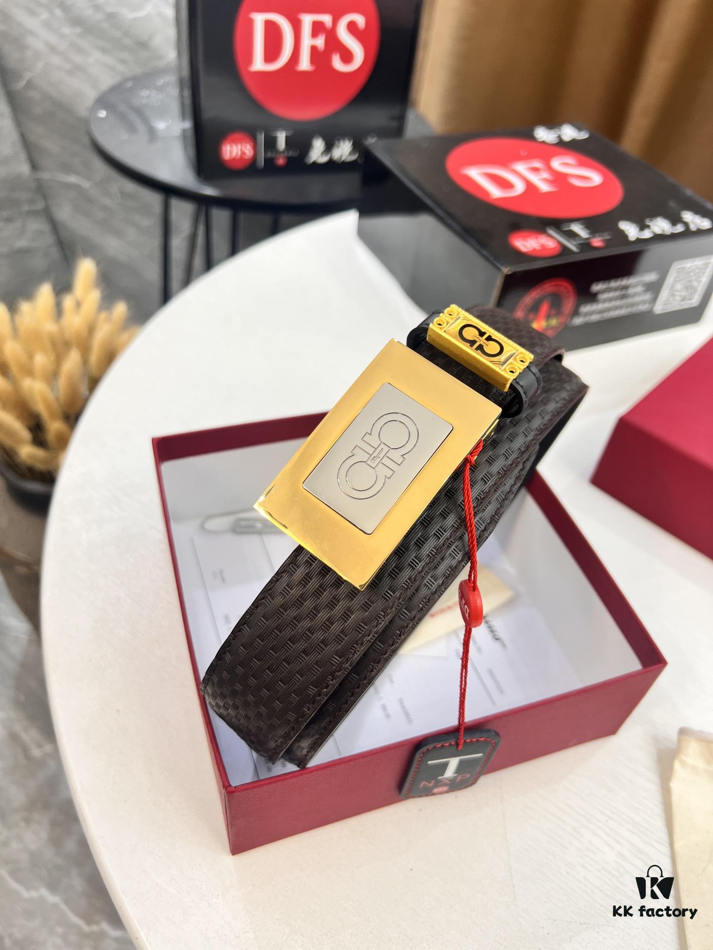 Salvatore Ferragamo Men's Belt, Genuine Imported Embossed Top-Layer Calfskin, Reversible Design, 3.5cm Width, New Minimalist Steel Hardware