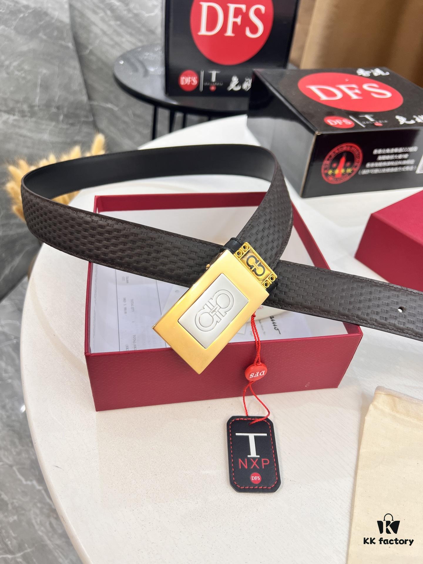 Salvatore Ferragamo Men's Belt, Genuine Imported Embossed Top-Layer Calfskin, Reversible Design, 3.5cm Width, New Minimalist Steel Hardware