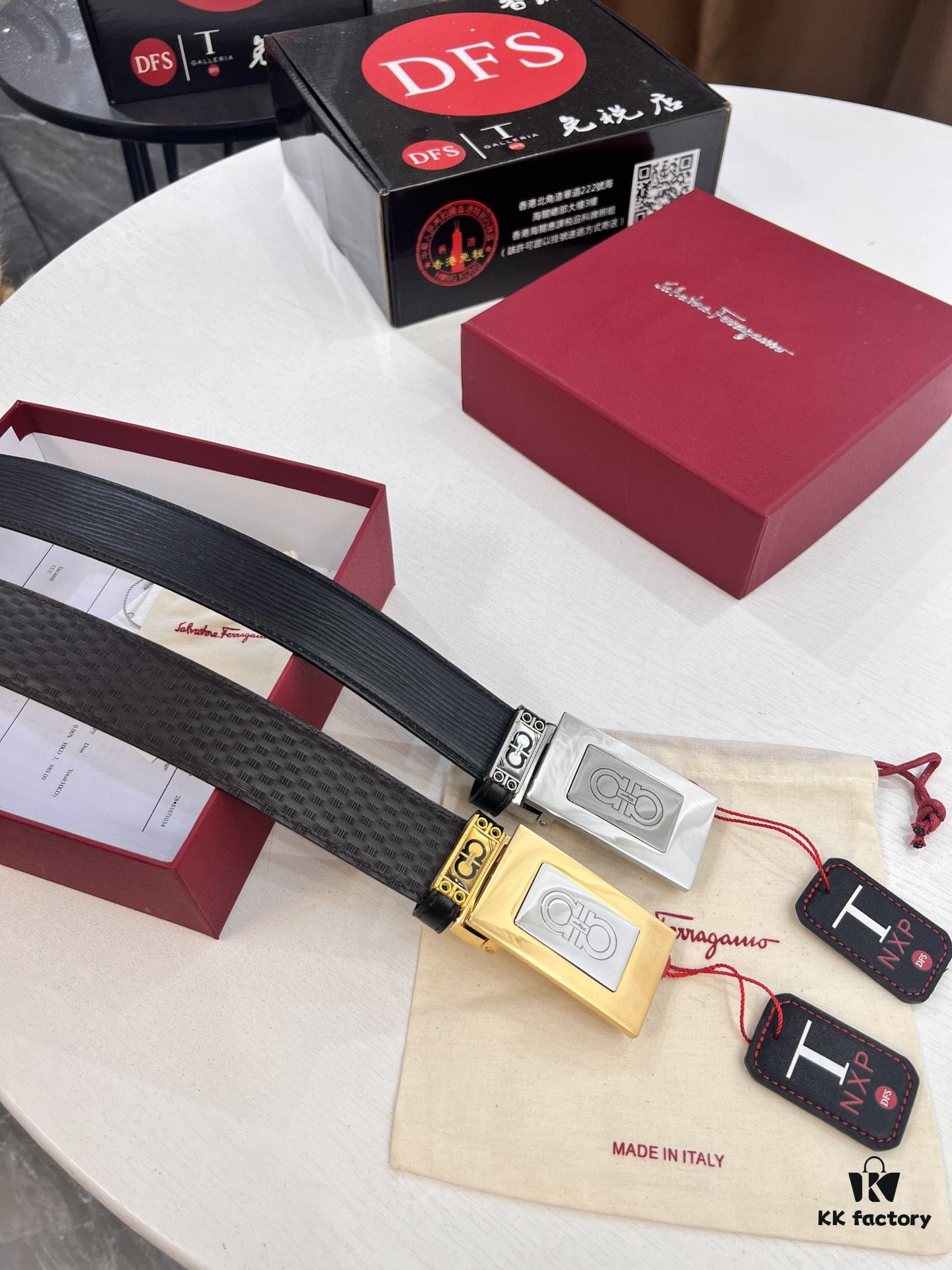 Salvatore Ferragamo Men's Belt, Genuine Imported Embossed Top-Layer Calfskin, Reversible Design, 3.5cm Width, New Minimalist Steel Hardware