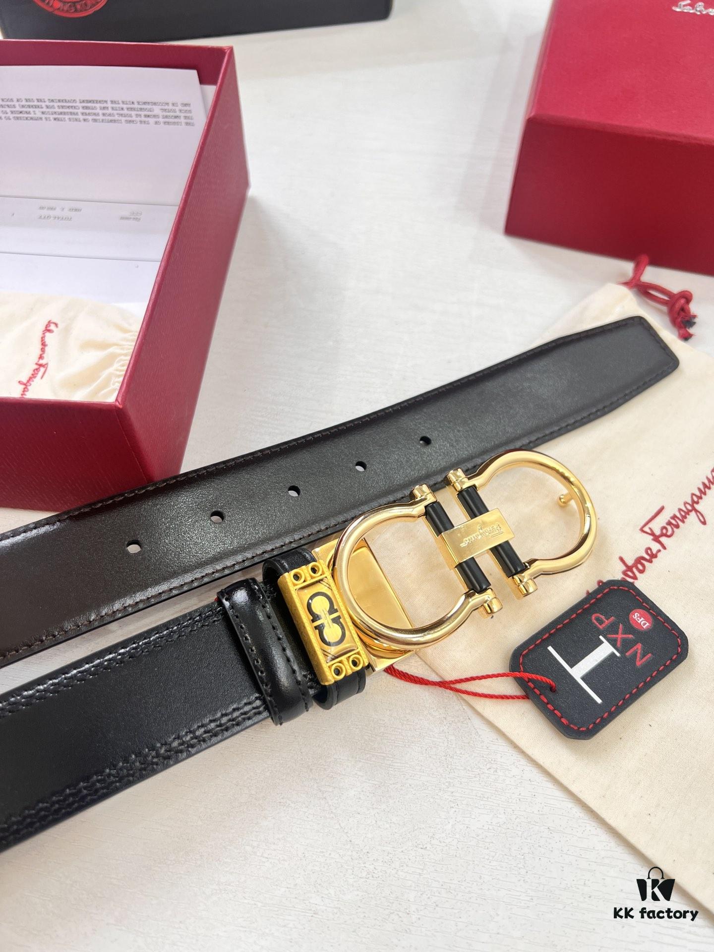 Salvatore Ferragamo Men's Belt, Genuine Top Grain Leather, Reversible Design, 3.5cm Width, Stainless Steel Hardware, Perfect for Gifting