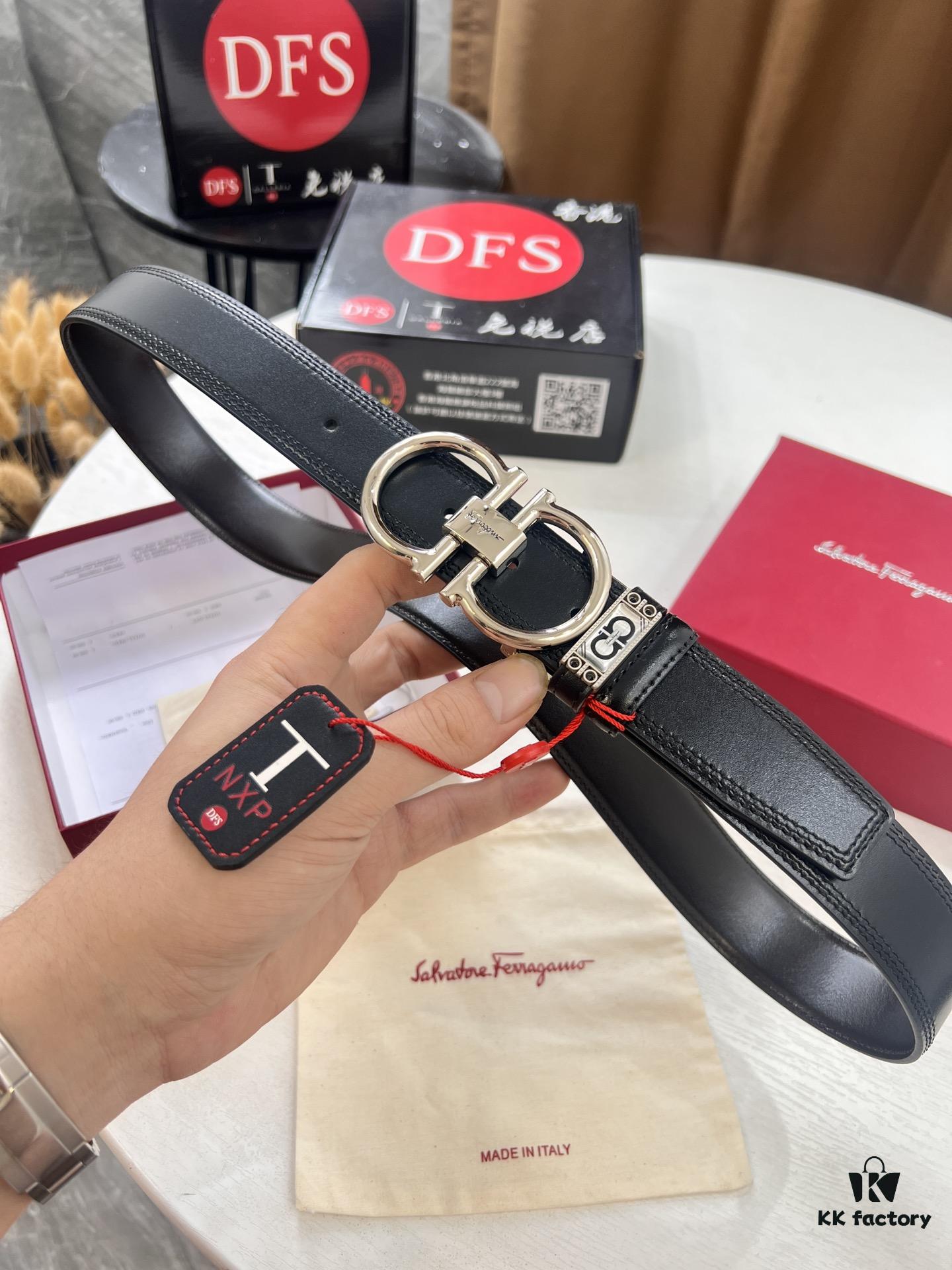 Ferragamo Men's Belt, Genuine Imported Smooth Full-Grain Leather, Reversible Design, 3.5cm Width, Stainless Steel Buckle, Boxed with NXP Anti-Counterfeit Chip