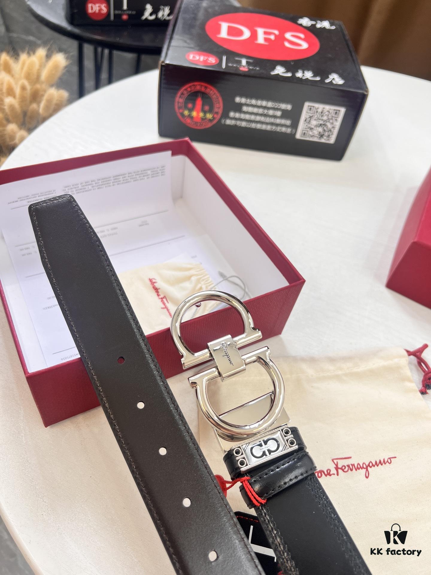 Ferragamo Men's Belt, Genuine Imported Smooth Full-Grain Leather, Reversible Design, 3.5cm Width, Stainless Steel Buckle, Boxed with NXP Anti-Counterfeit Chip