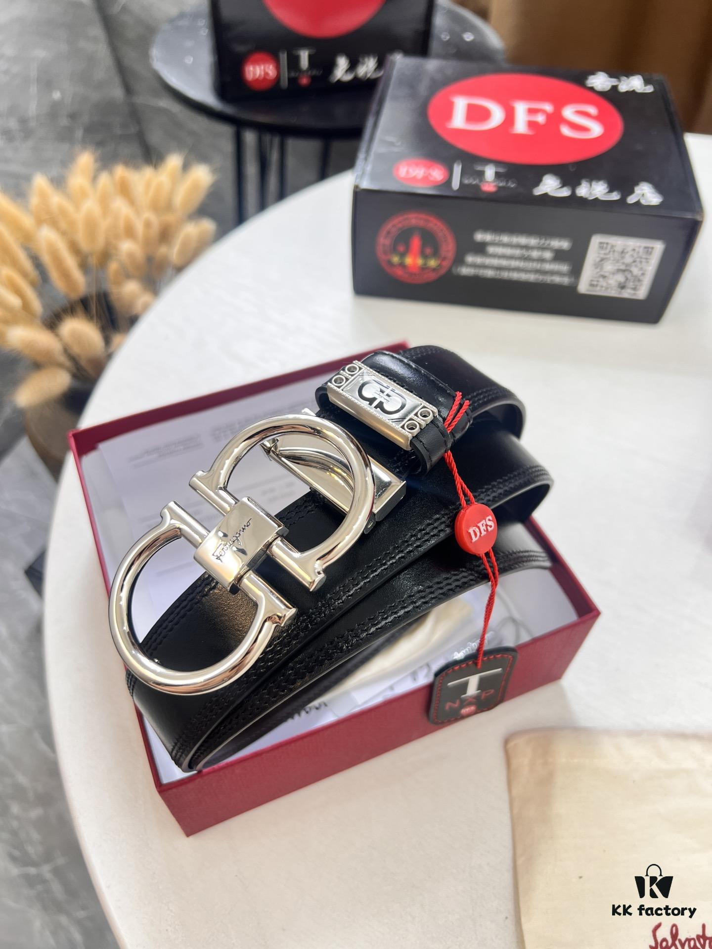 Ferragamo Men's Belt, Genuine Imported Smooth Full-Grain Leather, Reversible Design, 3.5cm Width, Stainless Steel Buckle, Boxed with NXP Anti-Counterfeit Chip