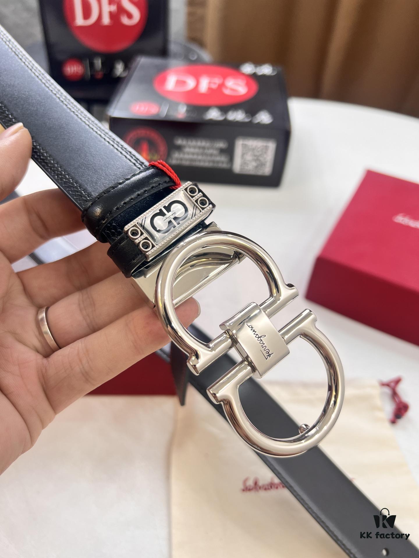 Ferragamo Men's Belt, Genuine Imported Smooth Full-Grain Leather, Reversible Design, 3.5cm Width, Stainless Steel Buckle, Boxed with NXP Anti-Counterfeit Chip