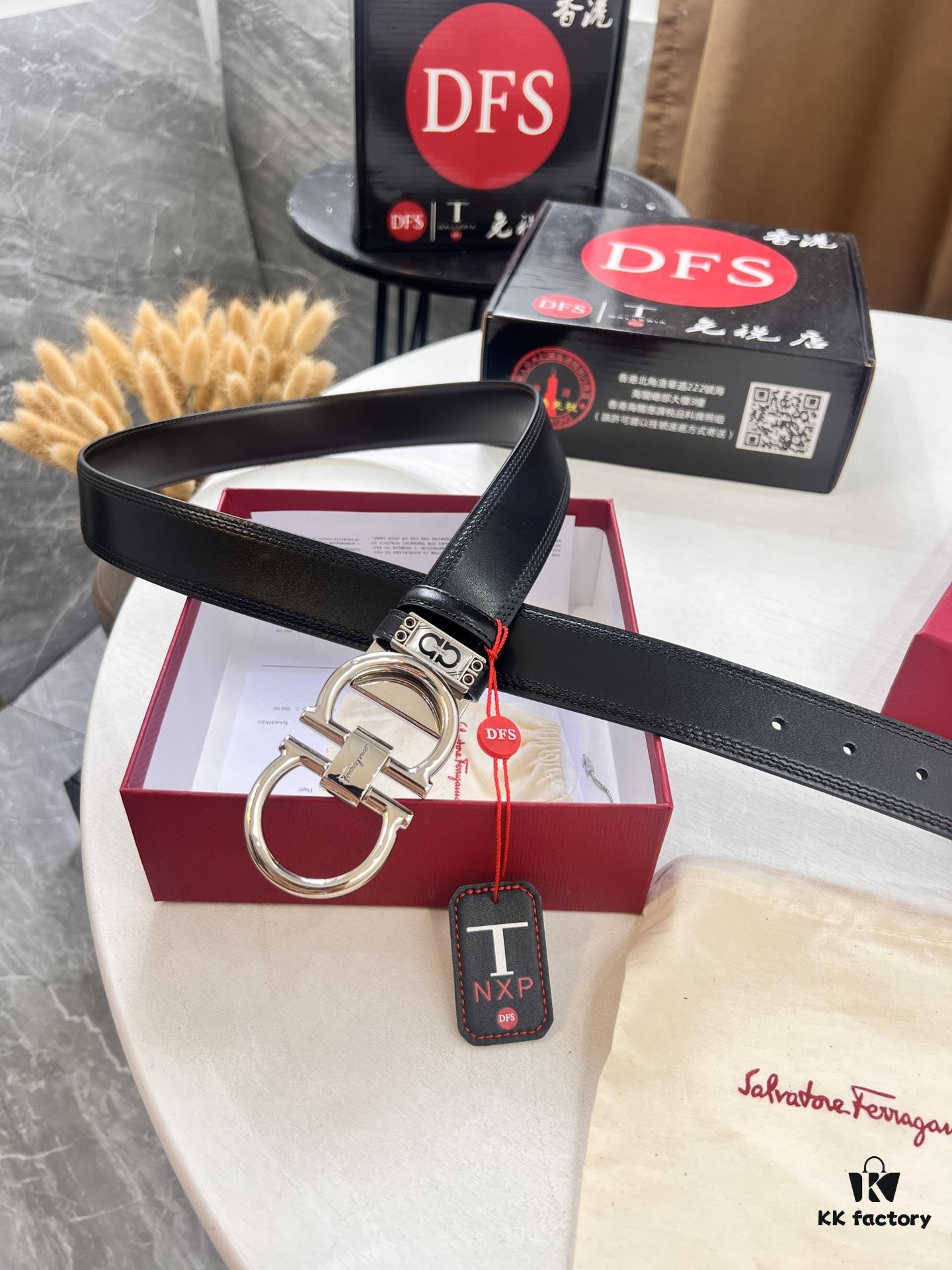 Ferragamo Men's Belt, Genuine Imported Smooth Full-Grain Leather, Reversible Design, 3.5cm Width, Stainless Steel Buckle, Boxed with NXP Anti-Counterfeit Chip