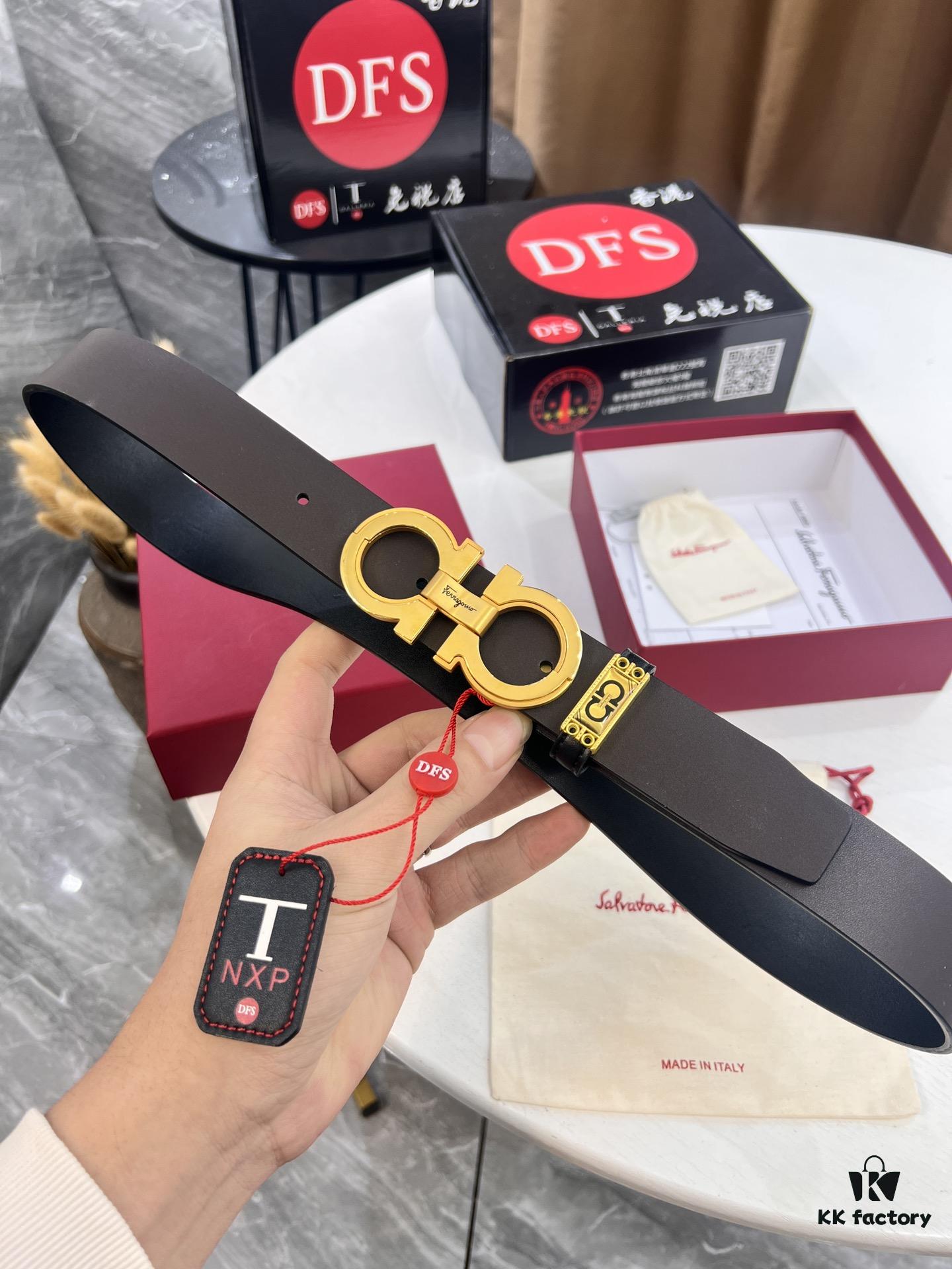 Salvatore Ferragamo Men's Belt, Genuine Imported Lap Grain Full-Grain Calfskin, Reversible Double-Sided Design, Precision 8-Shaped Stainless Steel Buckle, 3.5cm Width