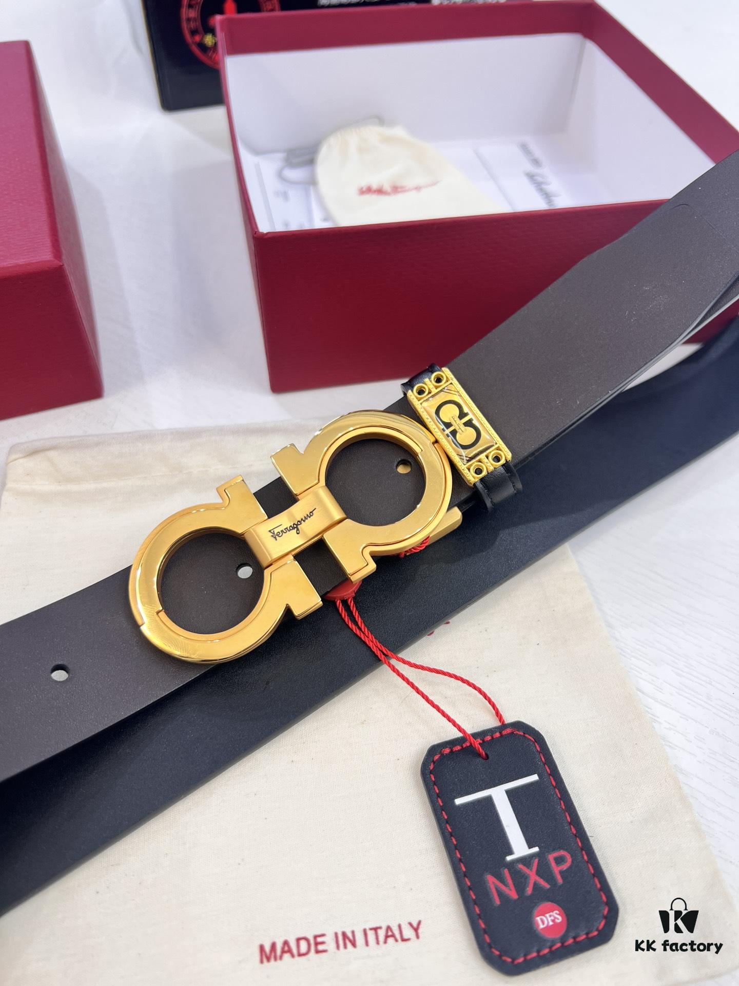 Salvatore Ferragamo Men's Belt, Genuine Imported Lap Grain Full-Grain Calfskin, Reversible Double-Sided Design, Precision 8-Shaped Stainless Steel Buckle, 3.5cm Width