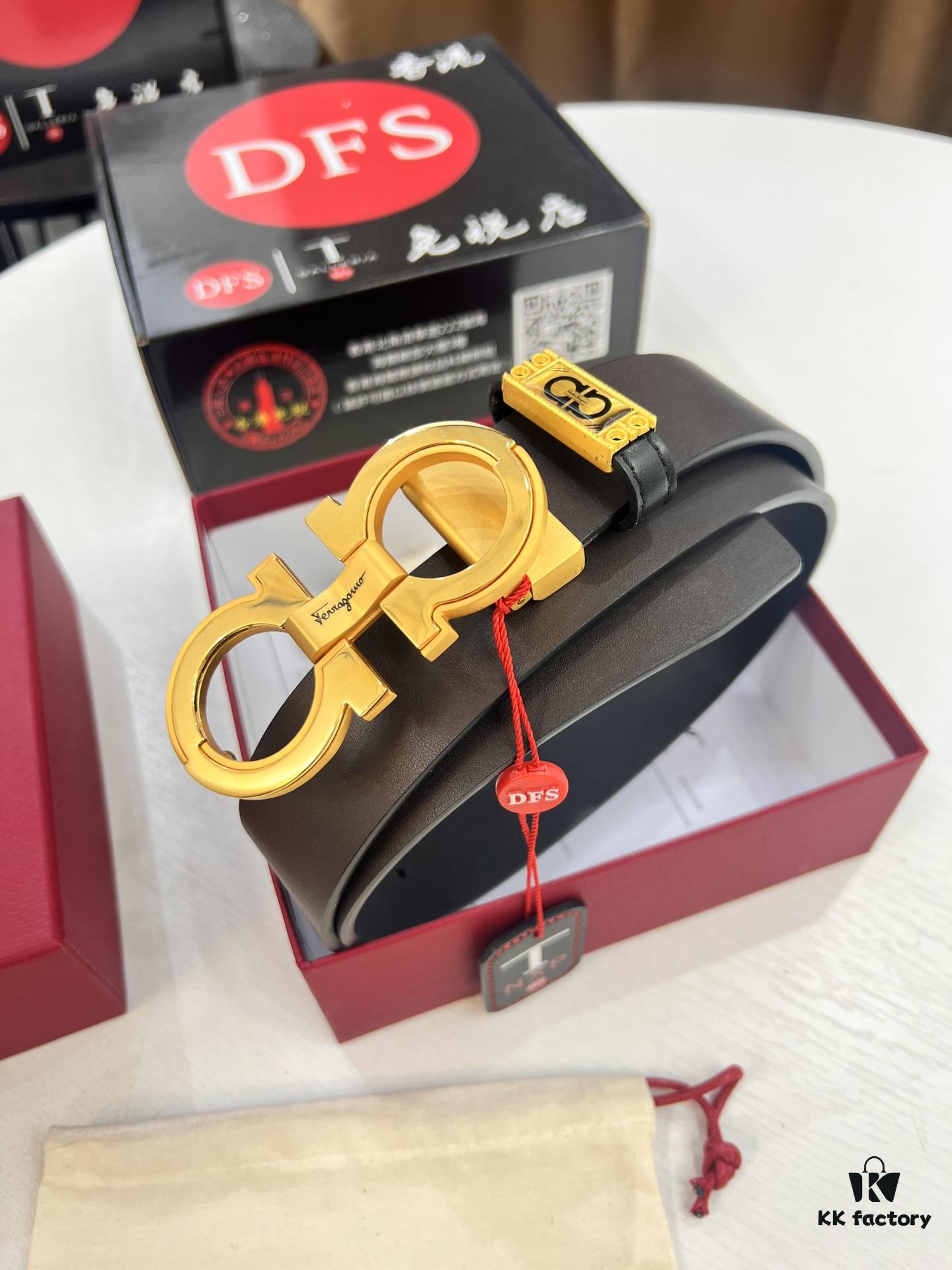 Salvatore Ferragamo Men's Belt, Genuine Imported Lap Grain Full-Grain Calfskin, Reversible Double-Sided Design, Precision 8-Shaped Stainless Steel Buckle, 3.5cm Width