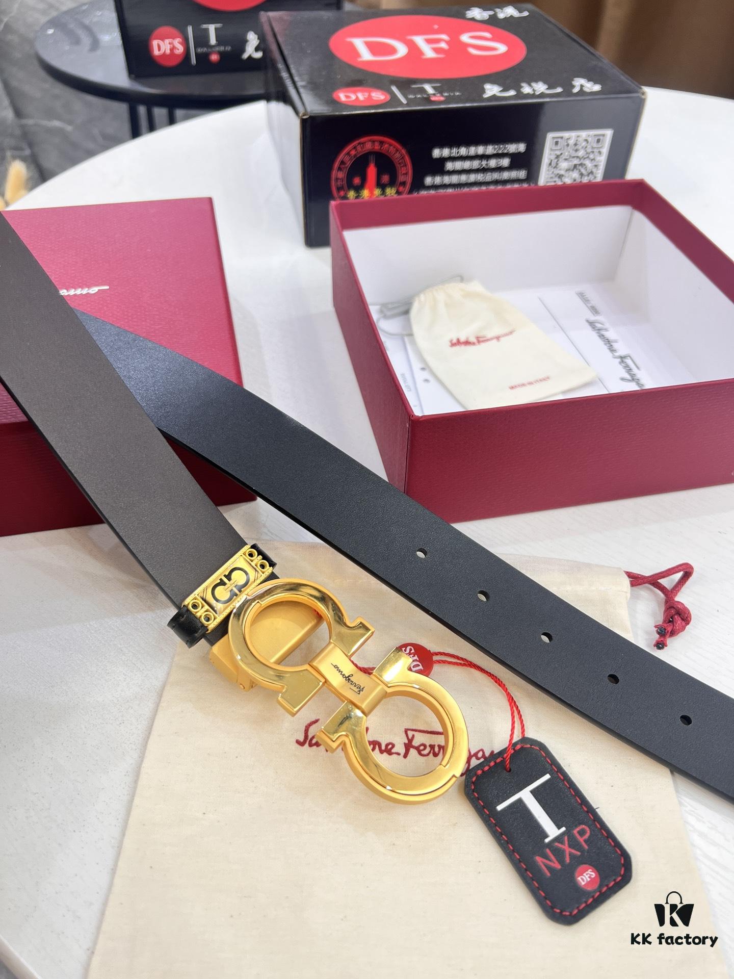 Salvatore Ferragamo Men's Belt, Genuine Imported Lap Grain Full-Grain Calfskin, Reversible Double-Sided Design, Precision 8-Shaped Stainless Steel Buckle, 3.5cm Width