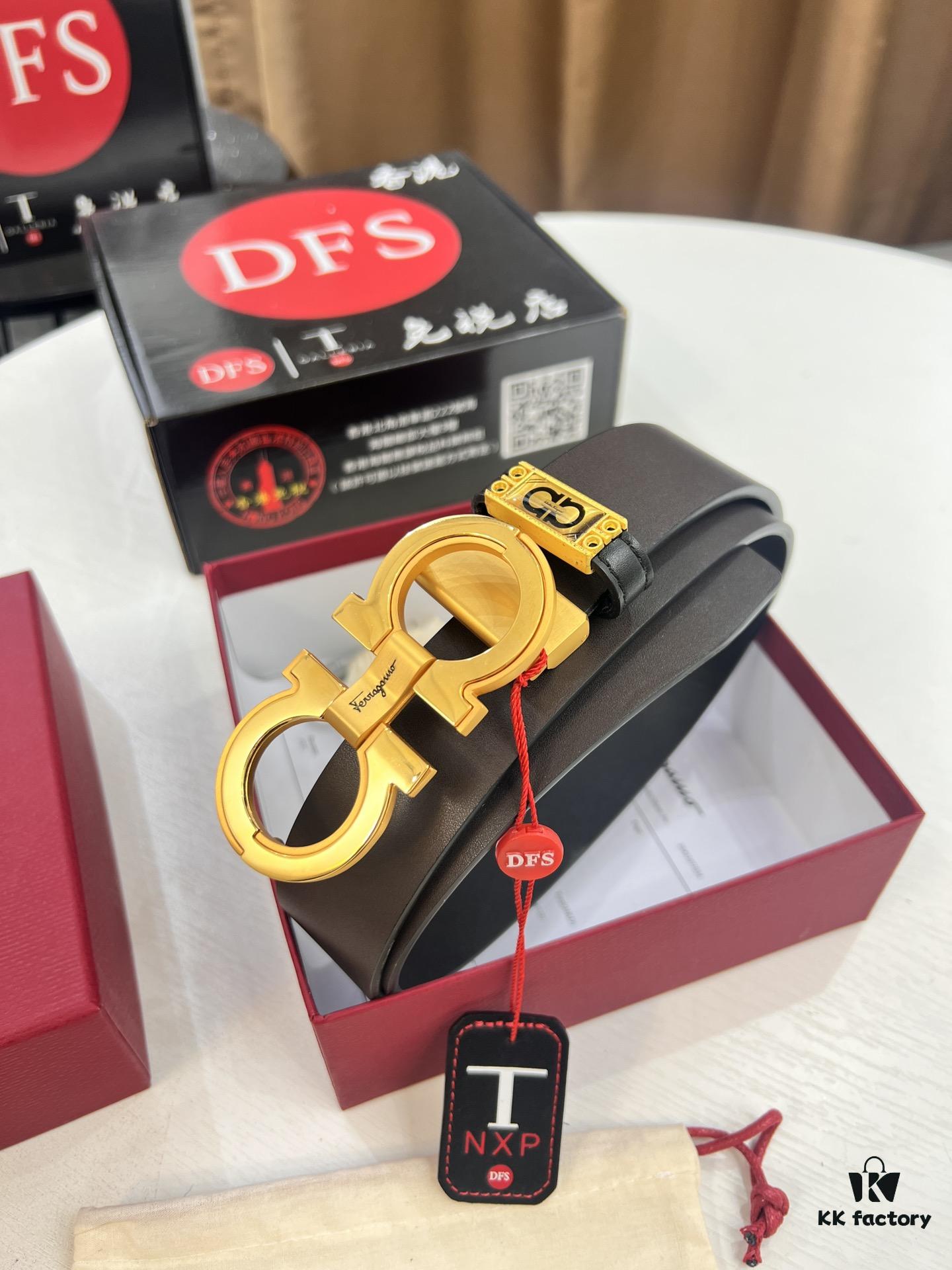 Salvatore Ferragamo Men's Belt, Genuine Imported Lap Grain Full-Grain Calfskin, Reversible Double-Sided Design, Precision 8-Shaped Stainless Steel Buckle, 3.5cm Width