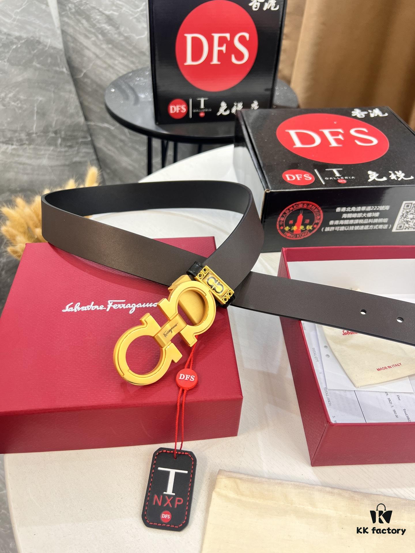 Salvatore Ferragamo Men's Belt, Genuine Imported Lap Grain Full-Grain Calfskin, Reversible Double-Sided Design, Precision 8-Shaped Stainless Steel Buckle, 3.5cm Width