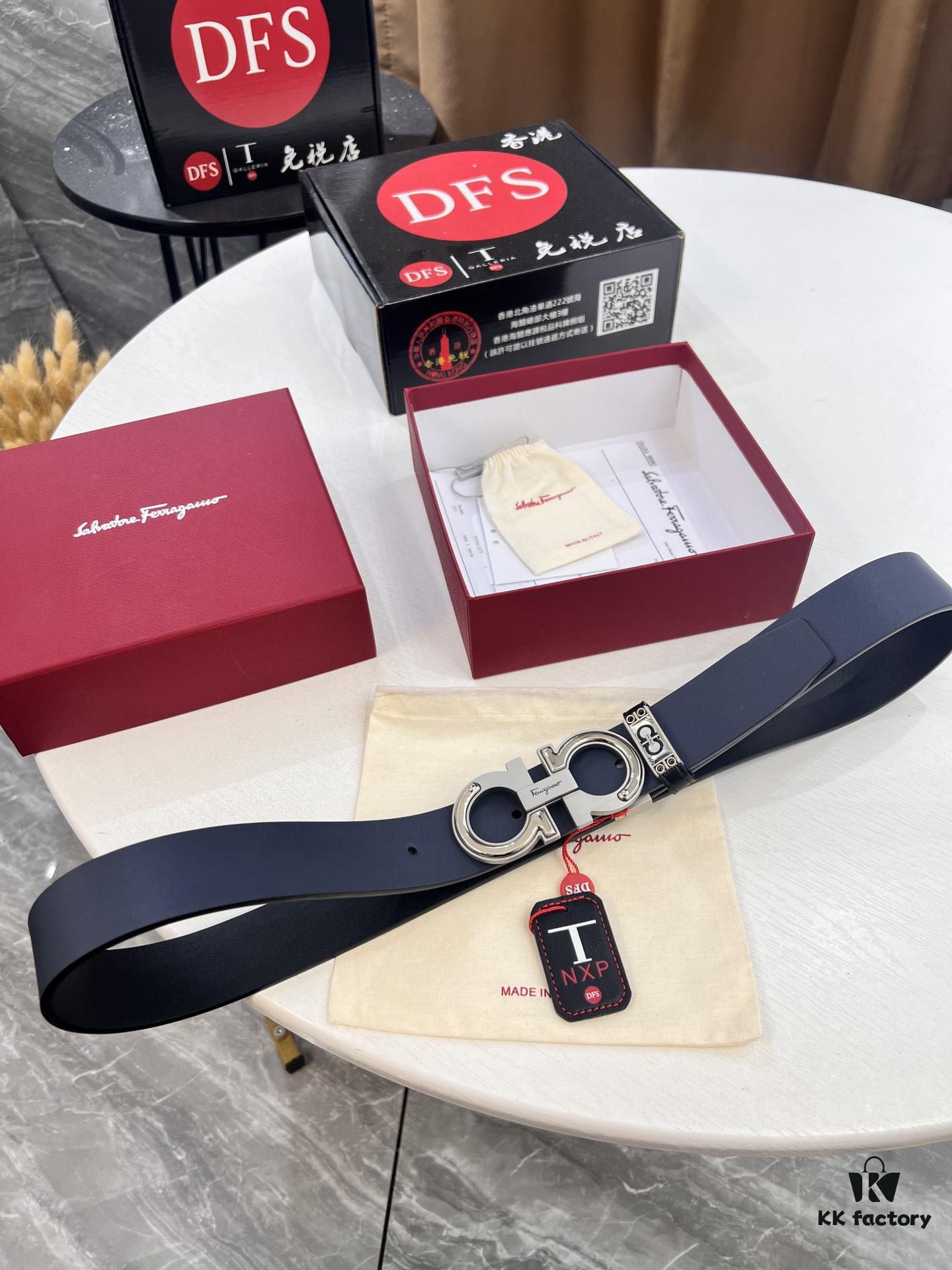 Salvatore Ferragamo Men's Belt, Genuine Imported Lap Grain Top Layer Cowhide, Dual-Sided Design with 8-Shaped Stainless Steel Buckle