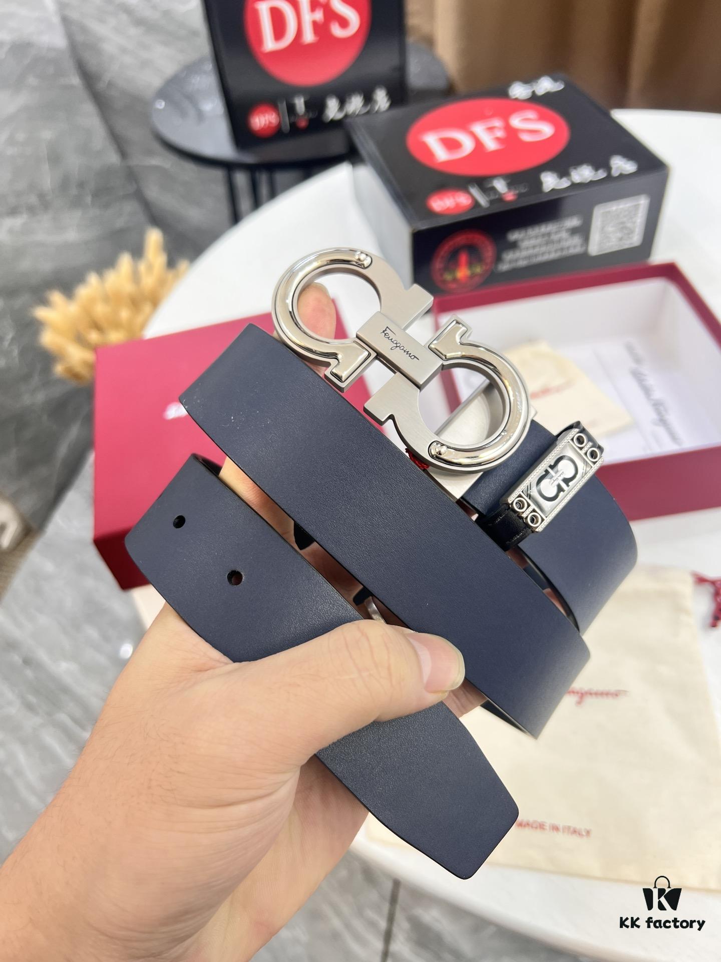 Salvatore Ferragamo Men's Belt, Genuine Imported Lap Grain Top Layer Cowhide, Dual-Sided Design with 8-Shaped Stainless Steel Buckle