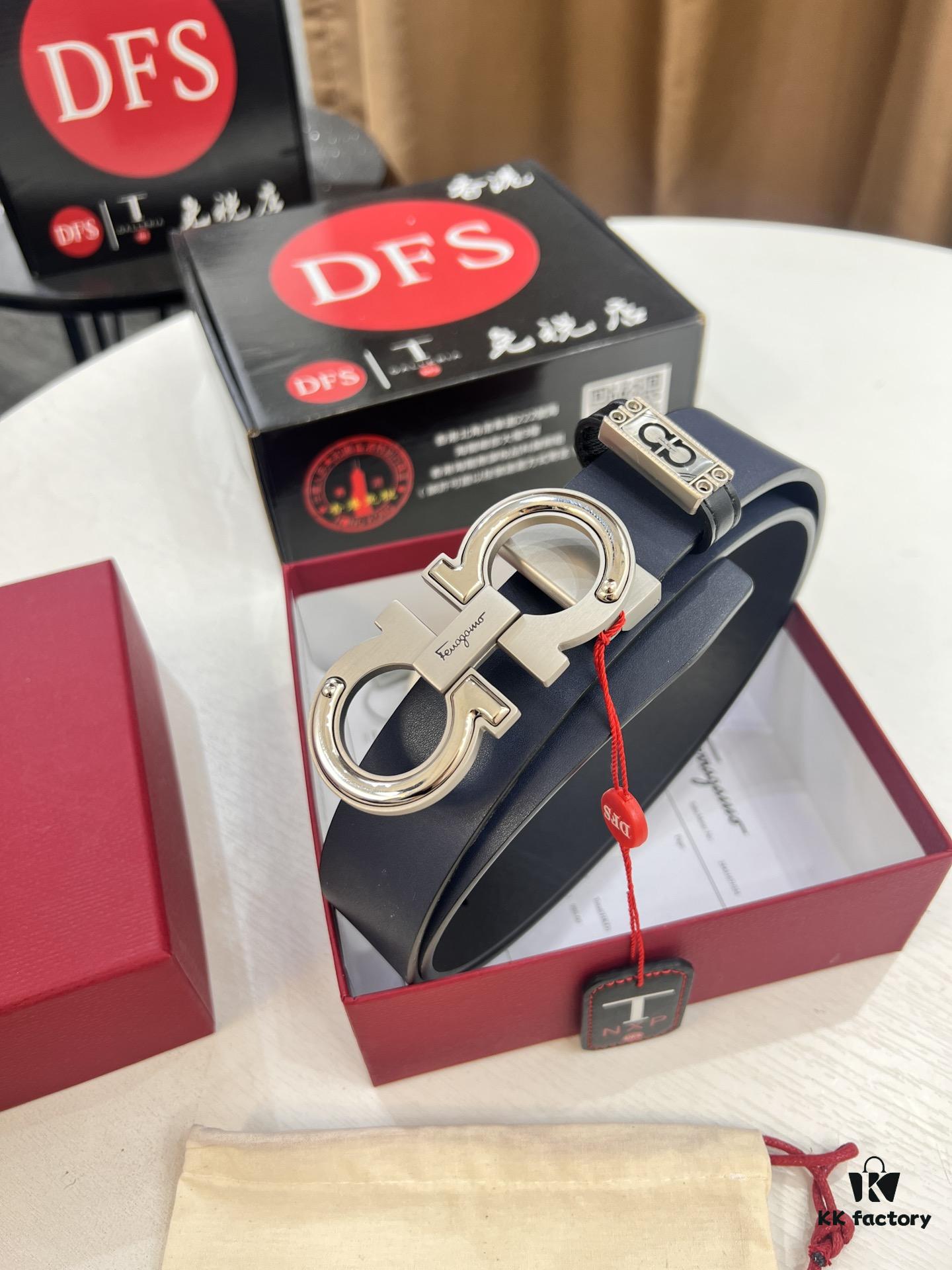 Salvatore Ferragamo Men's Belt, Genuine Imported Lap Grain Top Layer Cowhide, Dual-Sided Design with 8-Shaped Stainless Steel Buckle