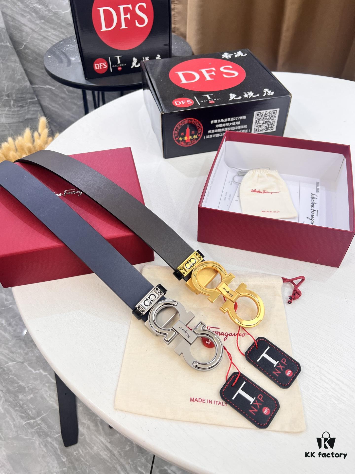 Salvatore Ferragamo Men's Belt, Genuine Imported Lap Grain Top Layer Cowhide, Dual-Sided Design with 8-Shaped Stainless Steel Buckle