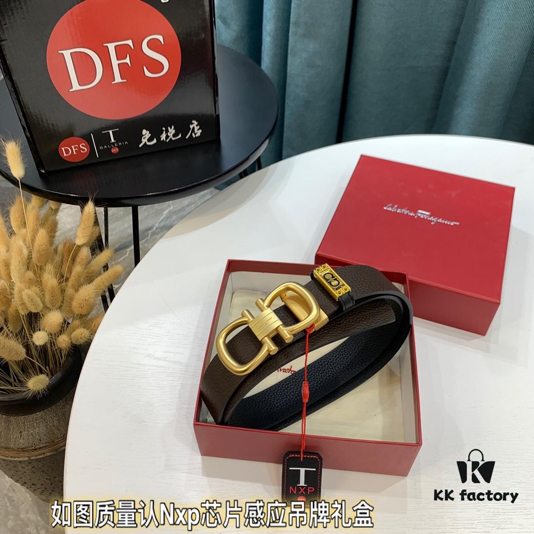 Ferragamo Belt, Genuine Top-Grade Leather Belt with 8-Shaped Authentic Hardware, Double-Sided Wear, Imported Full-Grain Cattlehide, German OEM Craftsmanship