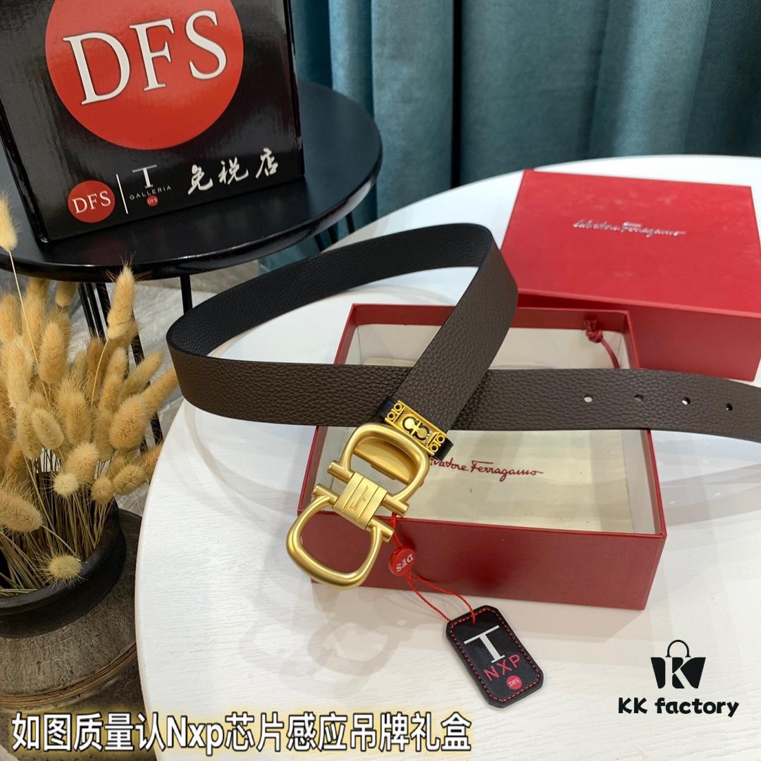 Ferragamo Belt, Genuine Top-Grade Leather Belt with 8-Shaped Authentic Hardware, Double-Sided Wear, Imported Full-Grain Cattlehide, German OEM Craftsmanship