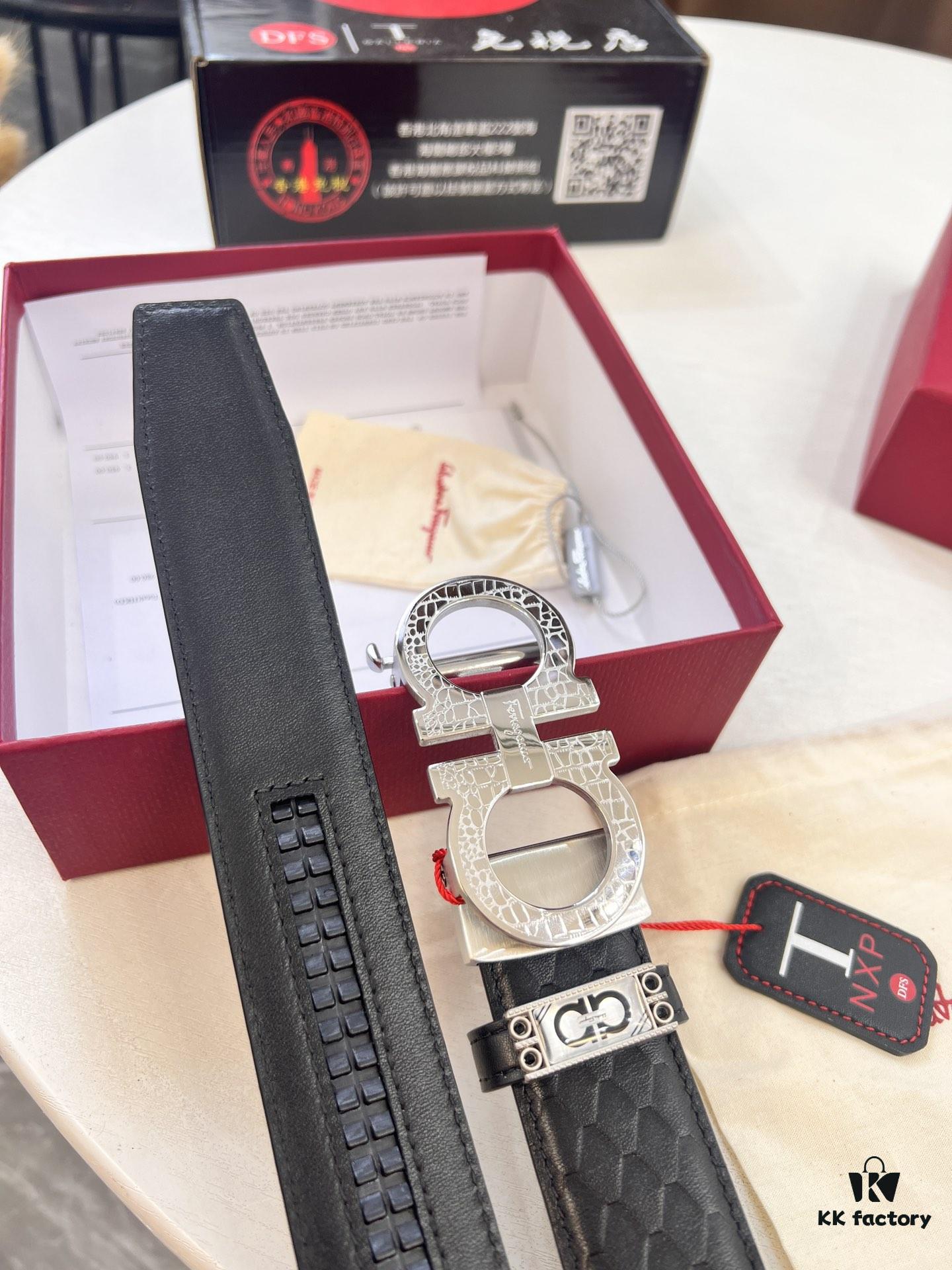 Arrival 🎺🎺 Authentic Shot, Ferragamo Automatic Men's Leather Belt, ZP Molded 8-Shaped Beveled Pattern with Stainless Steel Hardware, Business Belt, Imported Top Layer Calfskin with Ferragamo Mesh Texture, Automatic Tooth Adjustment, 3.5 cm Width