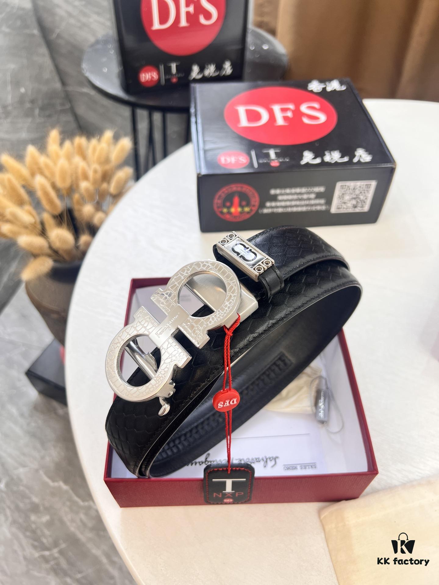 Arrival 🎺🎺 Authentic Shot, Ferragamo Automatic Men's Leather Belt, ZP Molded 8-Shaped Beveled Pattern with Stainless Steel Hardware, Business Belt, Imported Top Layer Calfskin with Ferragamo Mesh Texture, Automatic Tooth Adjustment, 3.5 cm Width