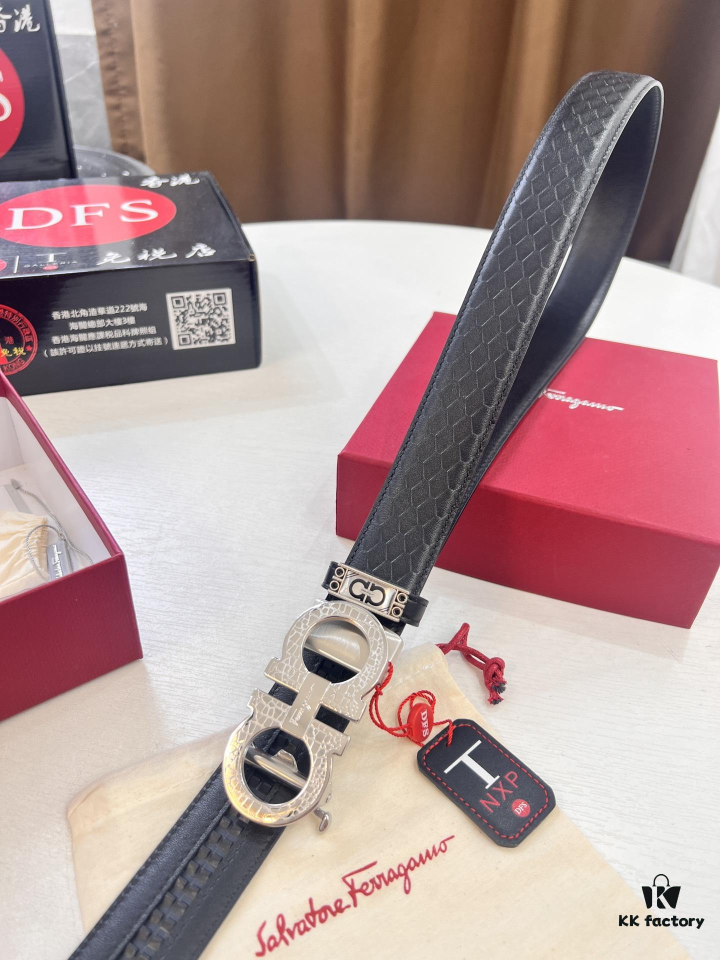 Arrival 🎺🎺 Authentic Shot, Ferragamo Automatic Men's Leather Belt, ZP Molded 8-Shaped Beveled Pattern with Stainless Steel Hardware, Business Belt, Imported Top Layer Calfskin with Ferragamo Mesh Texture, Automatic Tooth Adjustment, 3.5 cm Width