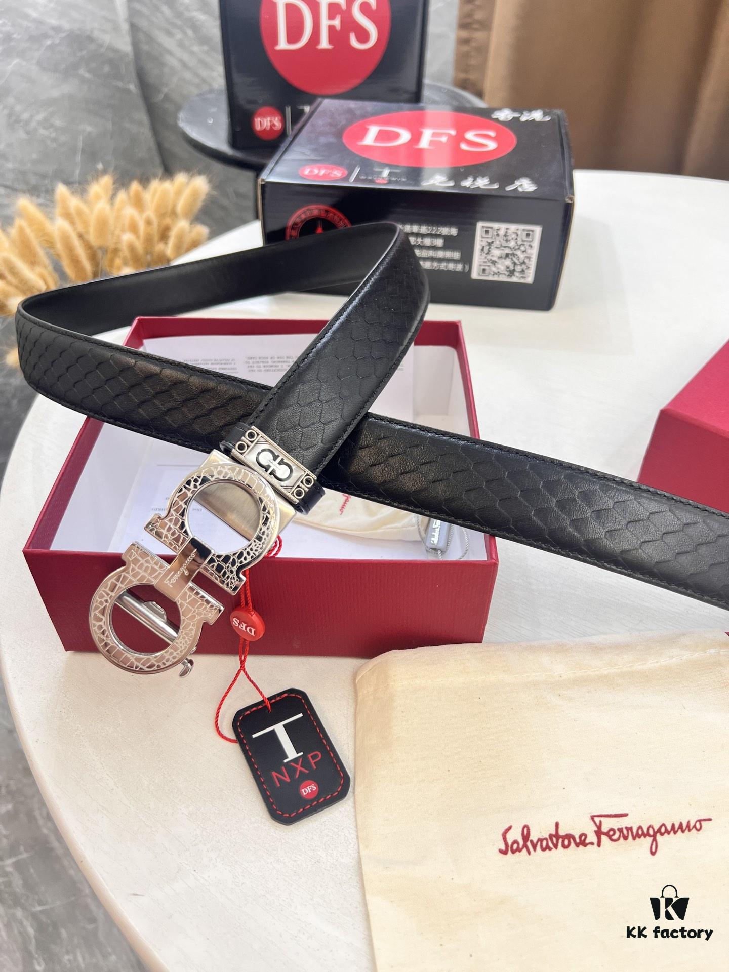 Arrival 🎺🎺 Authentic Shot, Ferragamo Automatic Men's Leather Belt, ZP Molded 8-Shaped Beveled Pattern with Stainless Steel Hardware, Business Belt, Imported Top Layer Calfskin with Ferragamo Mesh Texture, Automatic Tooth Adjustment, 3.5 cm Width