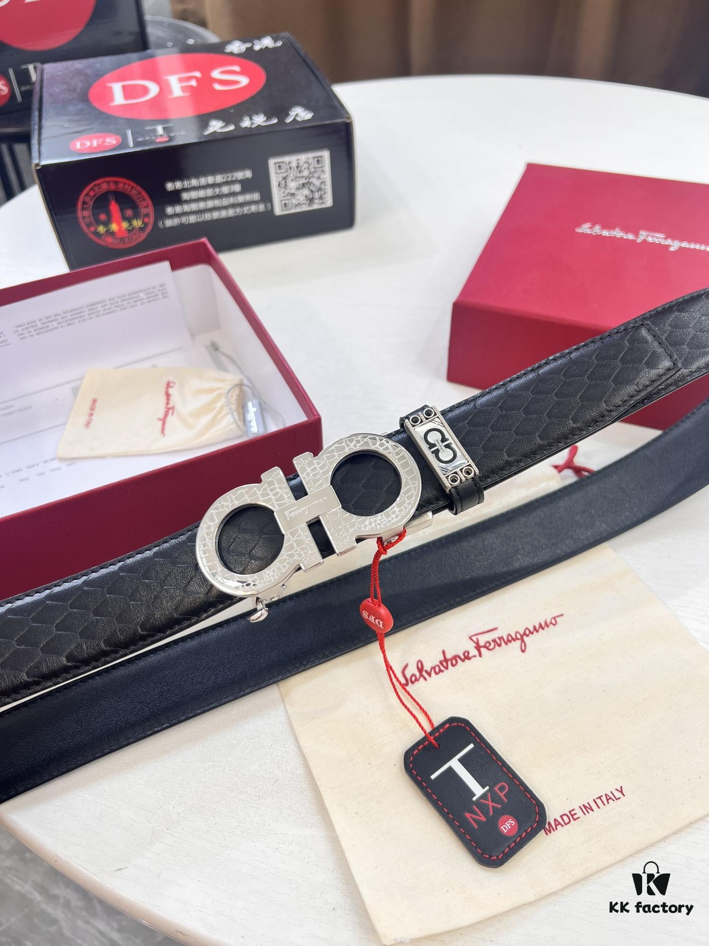 Arrival 🎺🎺 Real Product Photography, Ferragamo Automatic Series Men's Belt, ZP Mold Precision Crafted, 8-Shaped Beveled Pattern with Stainless Steel Hardware, Business Belt, Imported Genuine Top Layer Calfskin with Ferragamo Mesh Texture, Automatic Tooth Slide, Width 3.5 cm