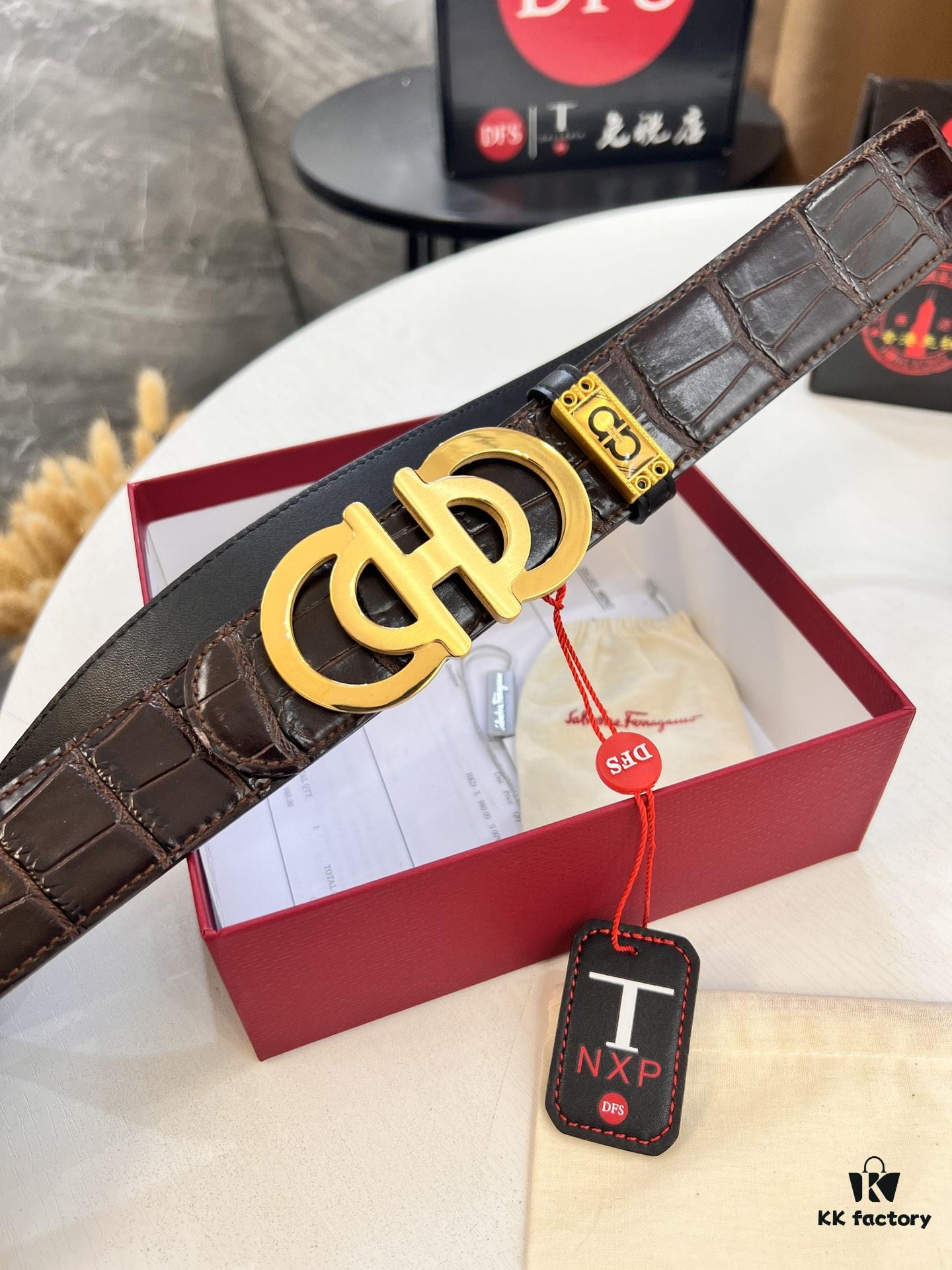 Top-tier Salvatore Ferragamo Men's Crocodile Pattern Leather Belt, Hong Kong Duty-Free Gift Box, Original 8-Shaped Hardware, Genuine Logo Stamp, German Manufactured