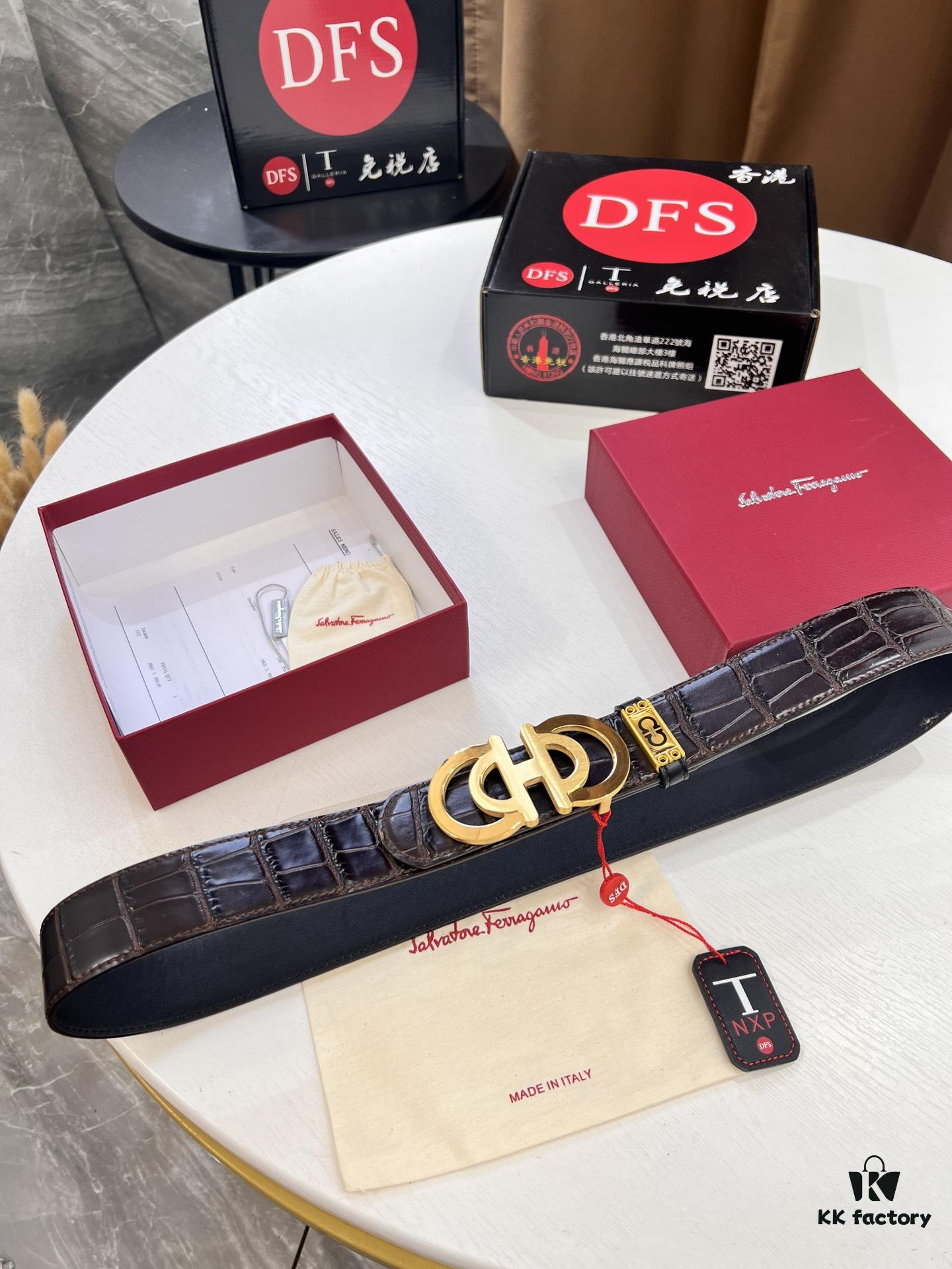 Top-tier Salvatore Ferragamo Men's Crocodile Pattern Leather Belt, Hong Kong Duty-Free Gift Box, Original 8-Shaped Hardware, Genuine Logo Stamp, German Manufactured