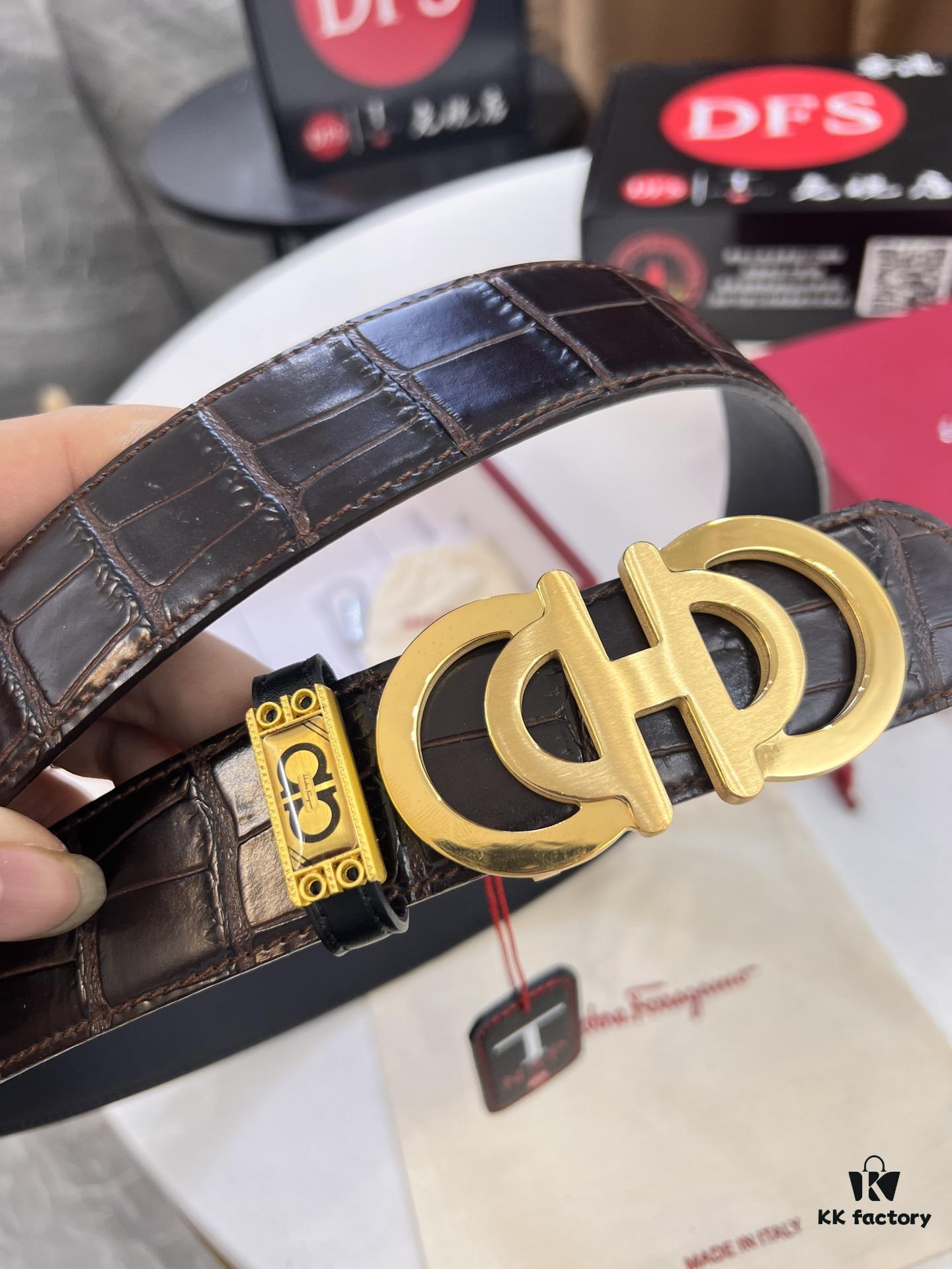 Top-tier Salvatore Ferragamo Men's Crocodile Pattern Leather Belt, Hong Kong Duty-Free Gift Box, Original 8-Shaped Hardware, Genuine Logo Stamp, German Manufactured