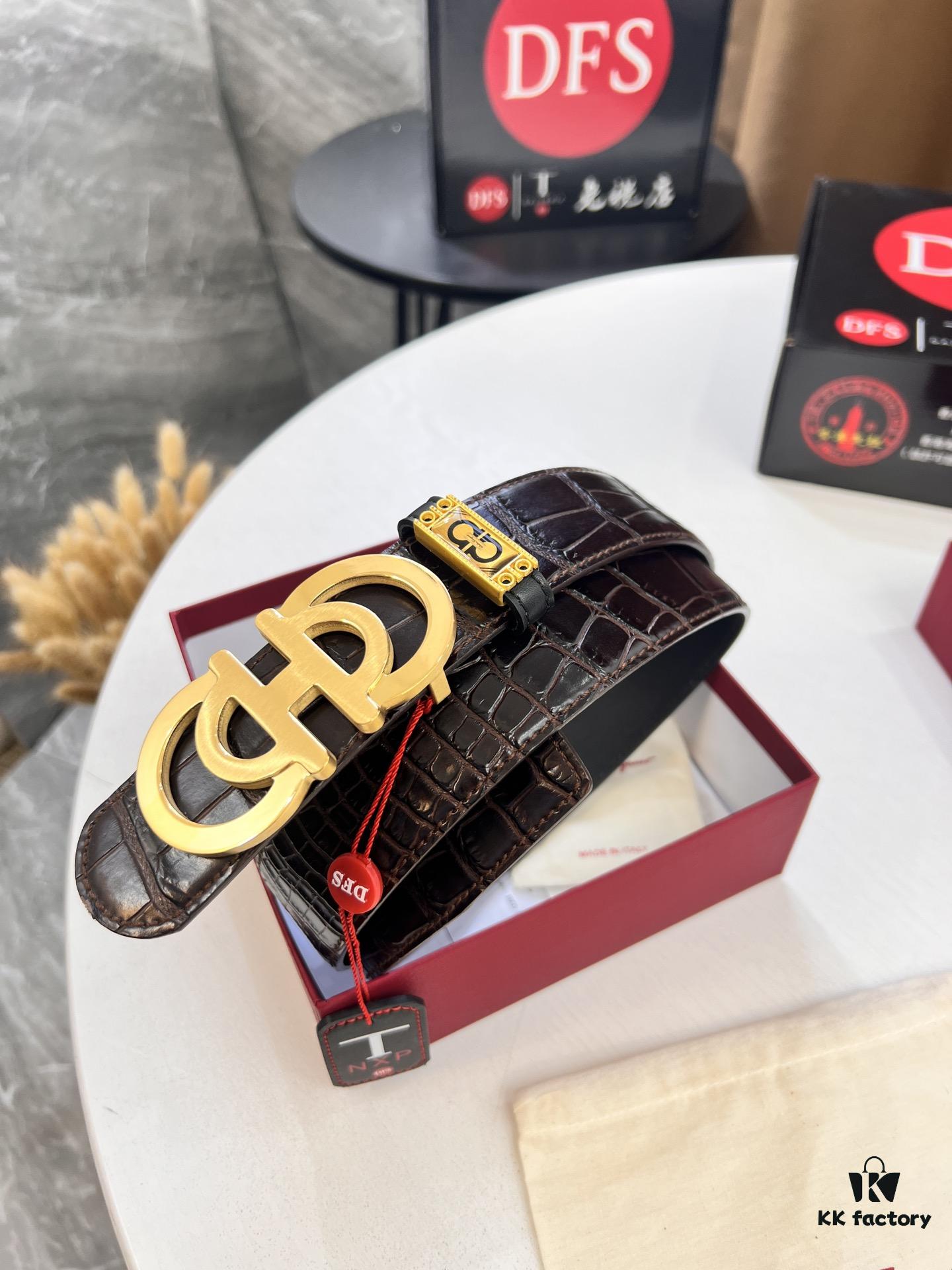 Top-tier Salvatore Ferragamo Men's Crocodile Pattern Leather Belt, Hong Kong Duty-Free Gift Box, Original 8-Shaped Hardware, Genuine Logo Stamp, German Manufactured