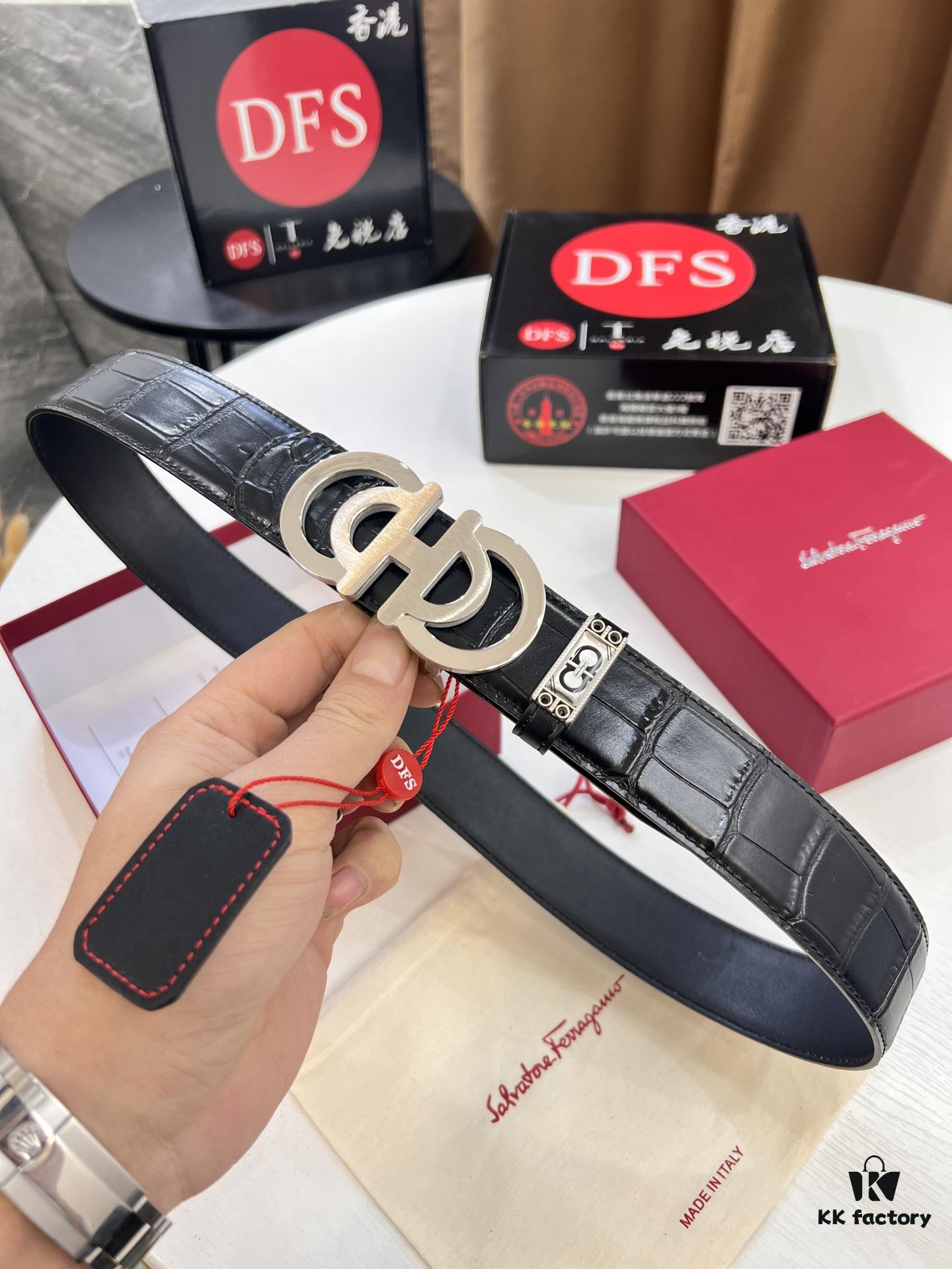 Top-tier Salvatore Ferragamo Men's Crocodile Pattern Genuine Leather Belt, 3.8cm Width, Original 8-Shaped Hardware, Embossed Logo, NXP Chip, Adjustable Length