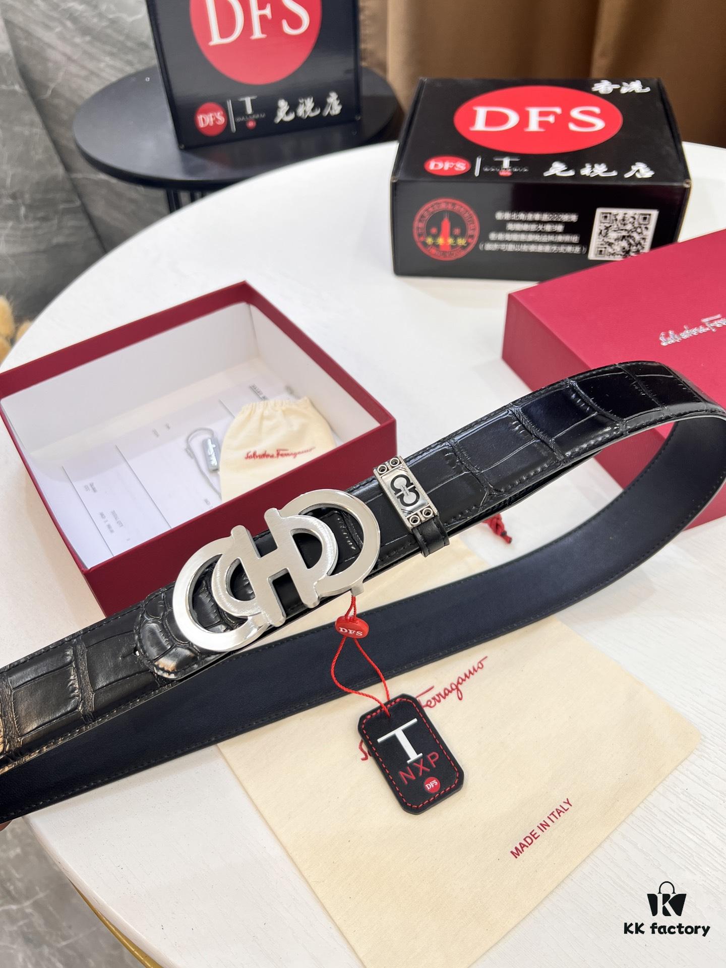 Top-tier Salvatore Ferragamo Men's Crocodile Pattern Genuine Leather Belt, 3.8cm Width, Original 8-Shaped Hardware, Embossed Logo, NXP Chip, Adjustable Length