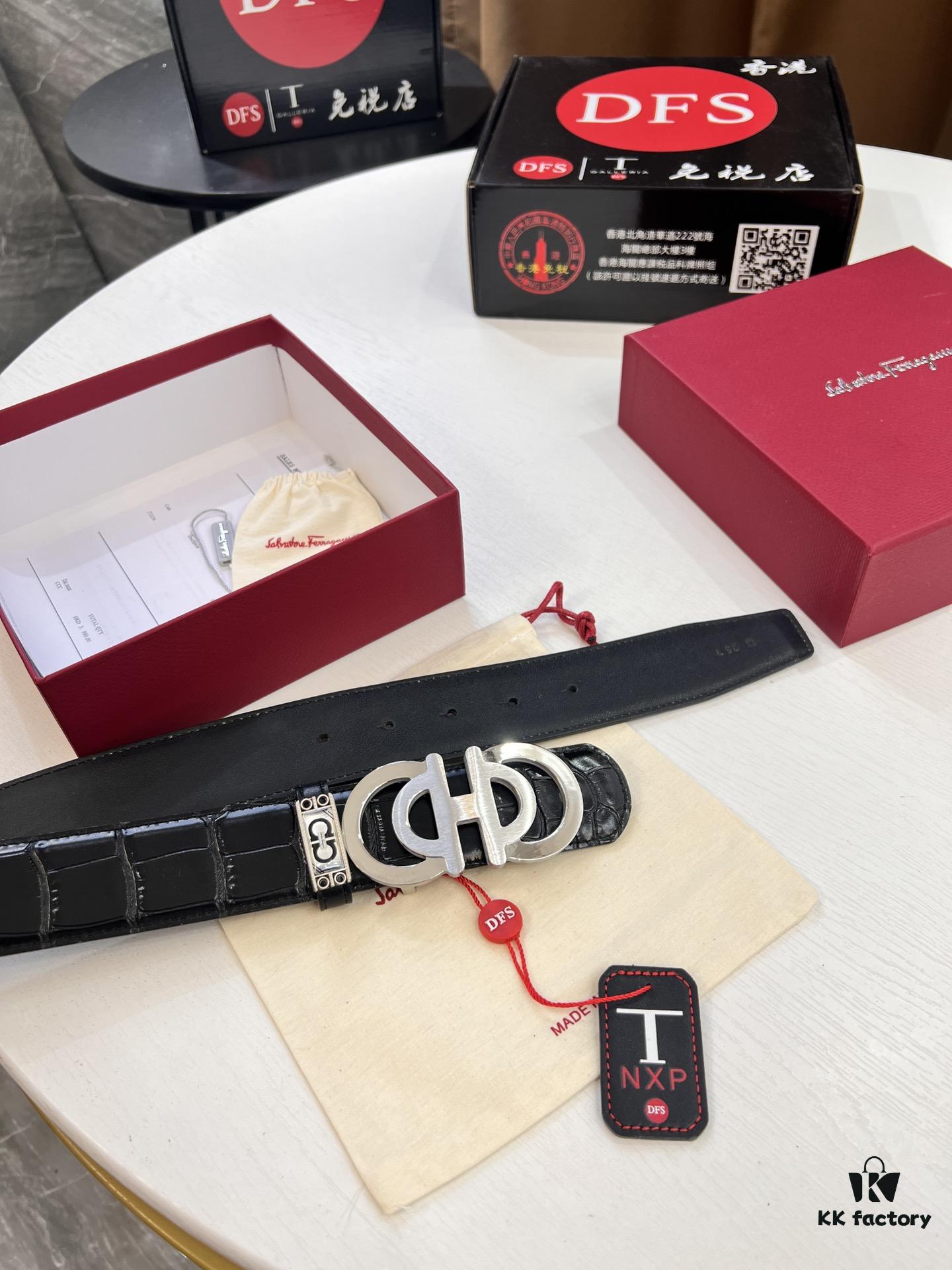 Top-tier Salvatore Ferragamo Men's Crocodile Pattern Genuine Leather Belt, 3.8cm Width, Original 8-Shaped Hardware, Embossed Logo, NXP Chip, Adjustable Length