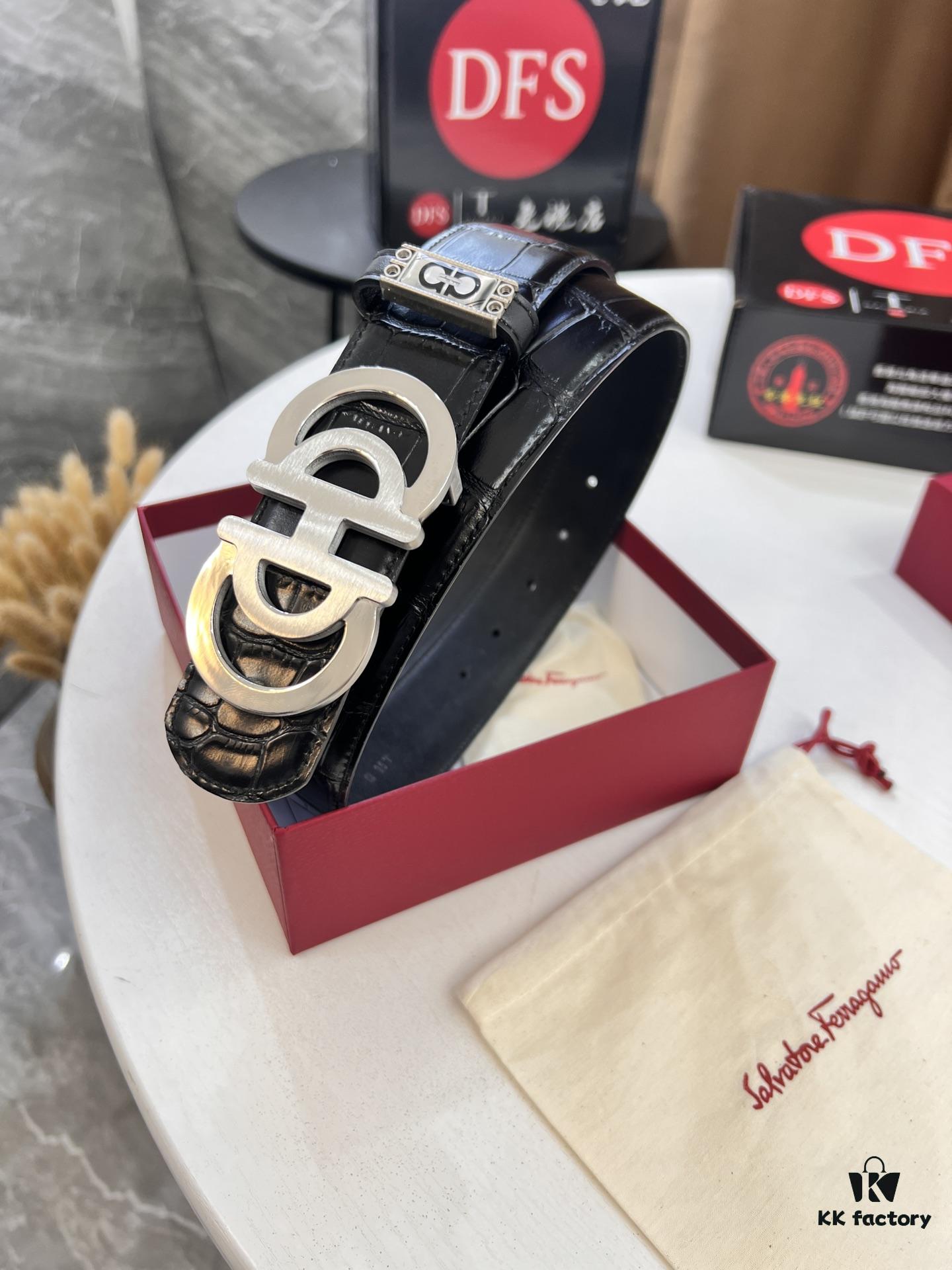 Top-tier Salvatore Ferragamo Men's Crocodile Pattern Genuine Leather Belt, 3.8cm Width, Original 8-Shaped Hardware, Embossed Logo, NXP Chip, Adjustable Length