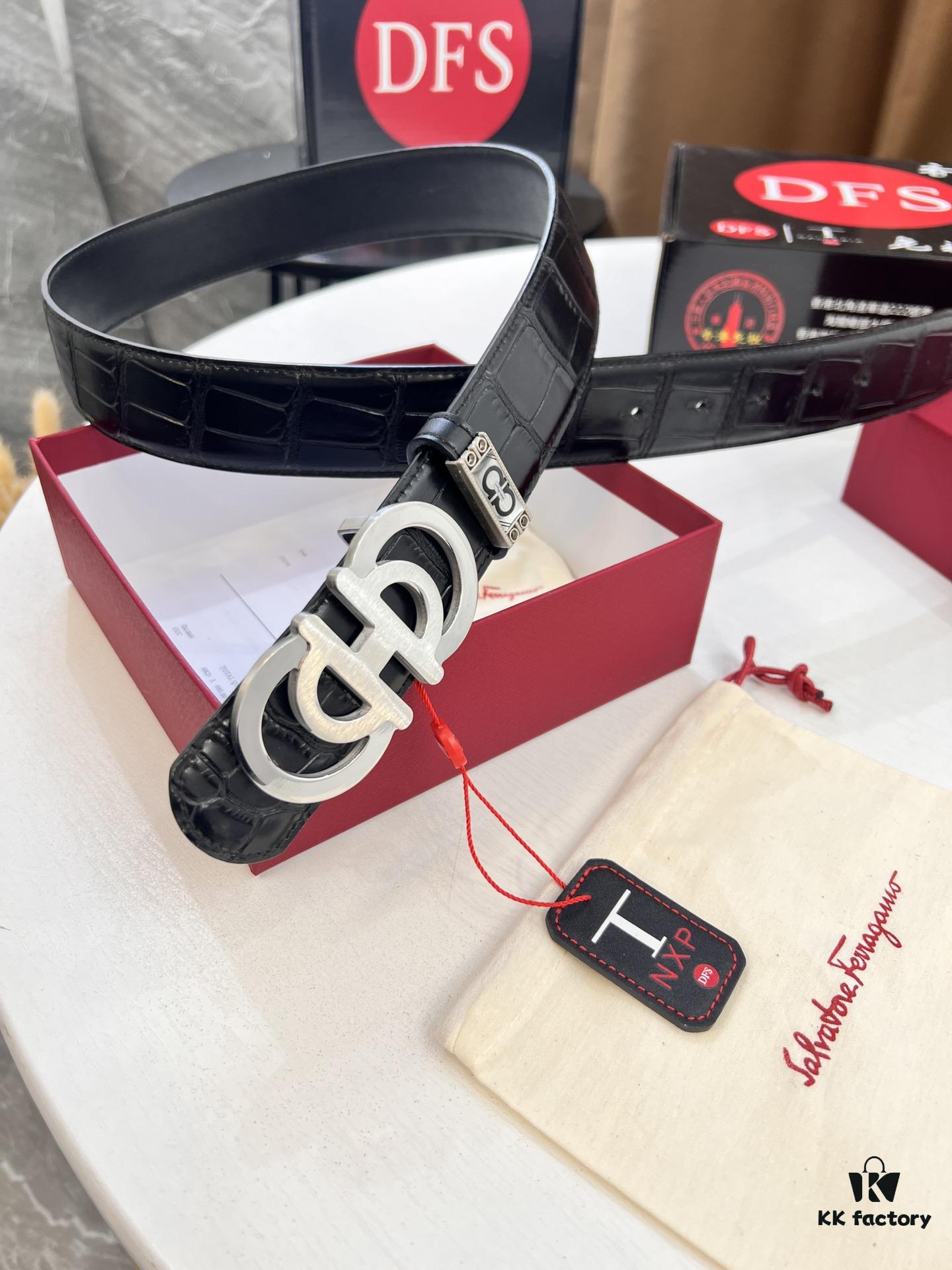 Top-tier Salvatore Ferragamo Men's Crocodile Pattern Genuine Leather Belt, 3.8cm Width, Original 8-Shaped Hardware, Embossed Logo, NXP Chip, Adjustable Length