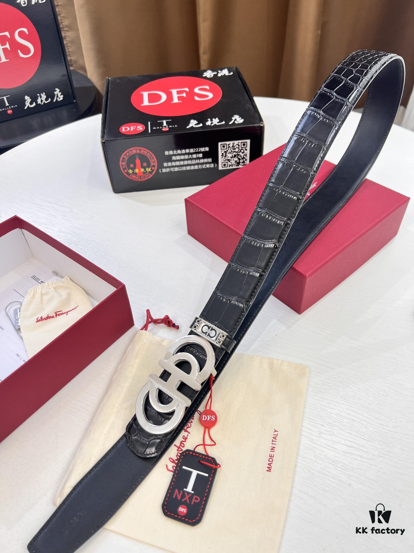 Top-tier Salvatore Ferragamo Men's Crocodile Pattern Genuine Leather Belt, 3.8cm Width, Original 8-Shaped Hardware, Embossed Logo, NXP Chip, Adjustable Length