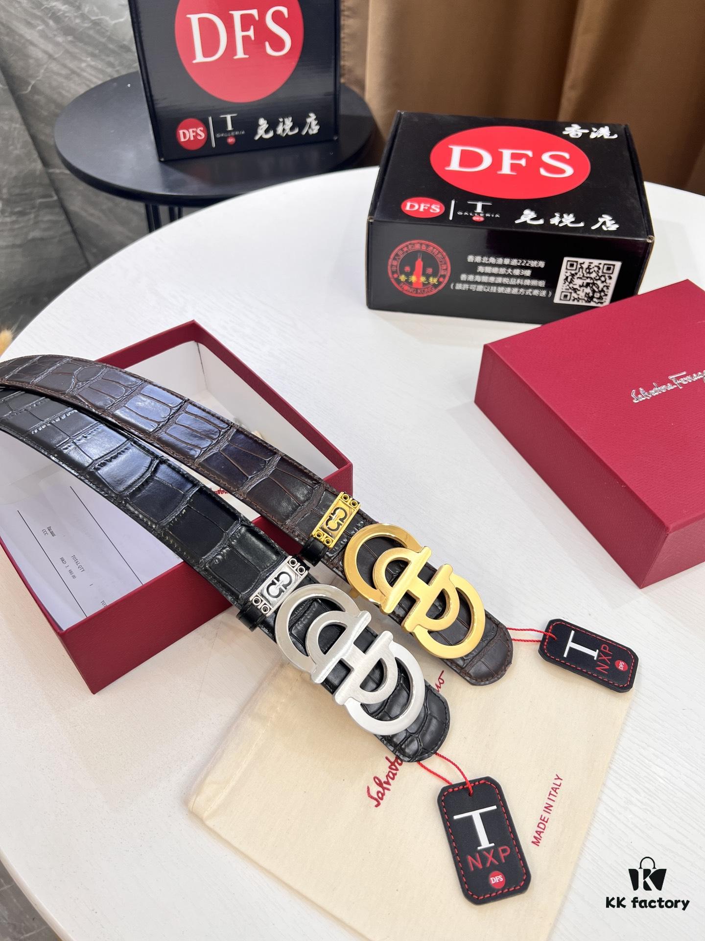 Top-tier Salvatore Ferragamo Men's Crocodile Pattern Genuine Leather Belt, 3.8cm Width, Original 8-Shaped Hardware, Embossed Logo, NXP Chip, Adjustable Length