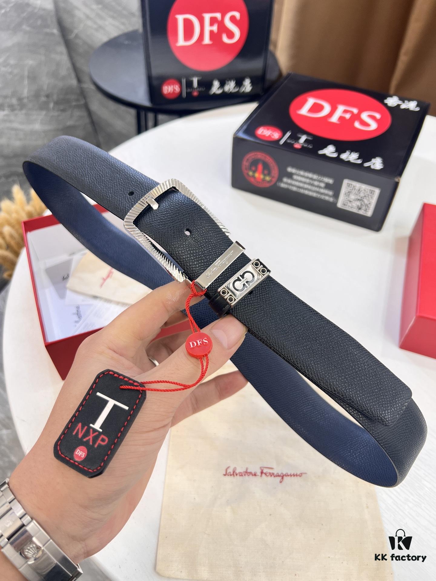 Ferragamo Men's Belt, Genuine First-Layer Cowhide with Palm Pattern, Reversible Design, 3.5cm Width, H-Frame Buckle, Precision Stainless Steel Hardware