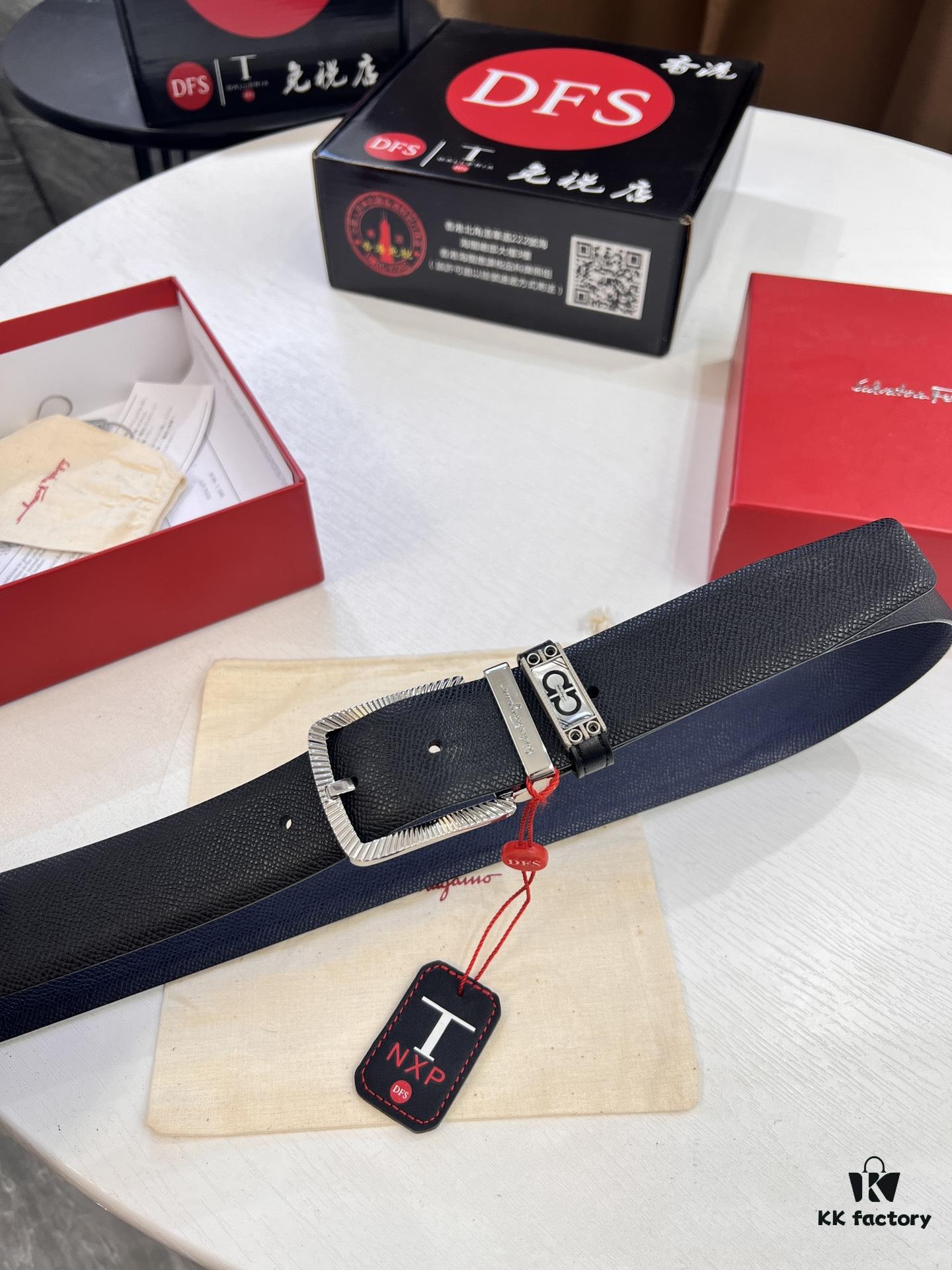 Ferragamo Men's Belt, Genuine First-Layer Cowhide with Palm Pattern, Reversible Design, 3.5cm Width, H-Frame Buckle, Precision Stainless Steel Hardware