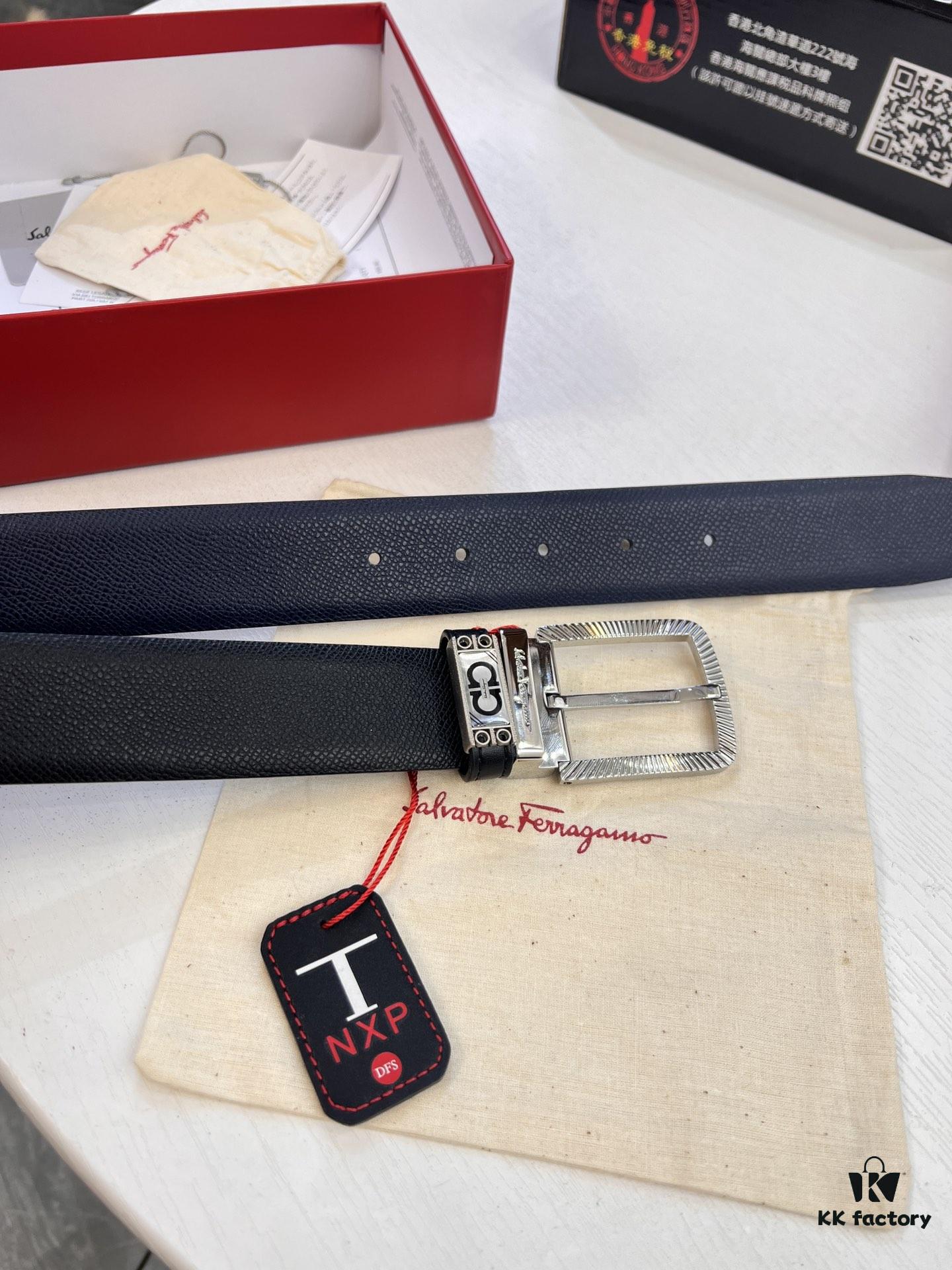 Ferragamo Men's Belt, Genuine First-Layer Cowhide with Palm Pattern, Reversible Design, 3.5cm Width, H-Frame Buckle, Precision Stainless Steel Hardware