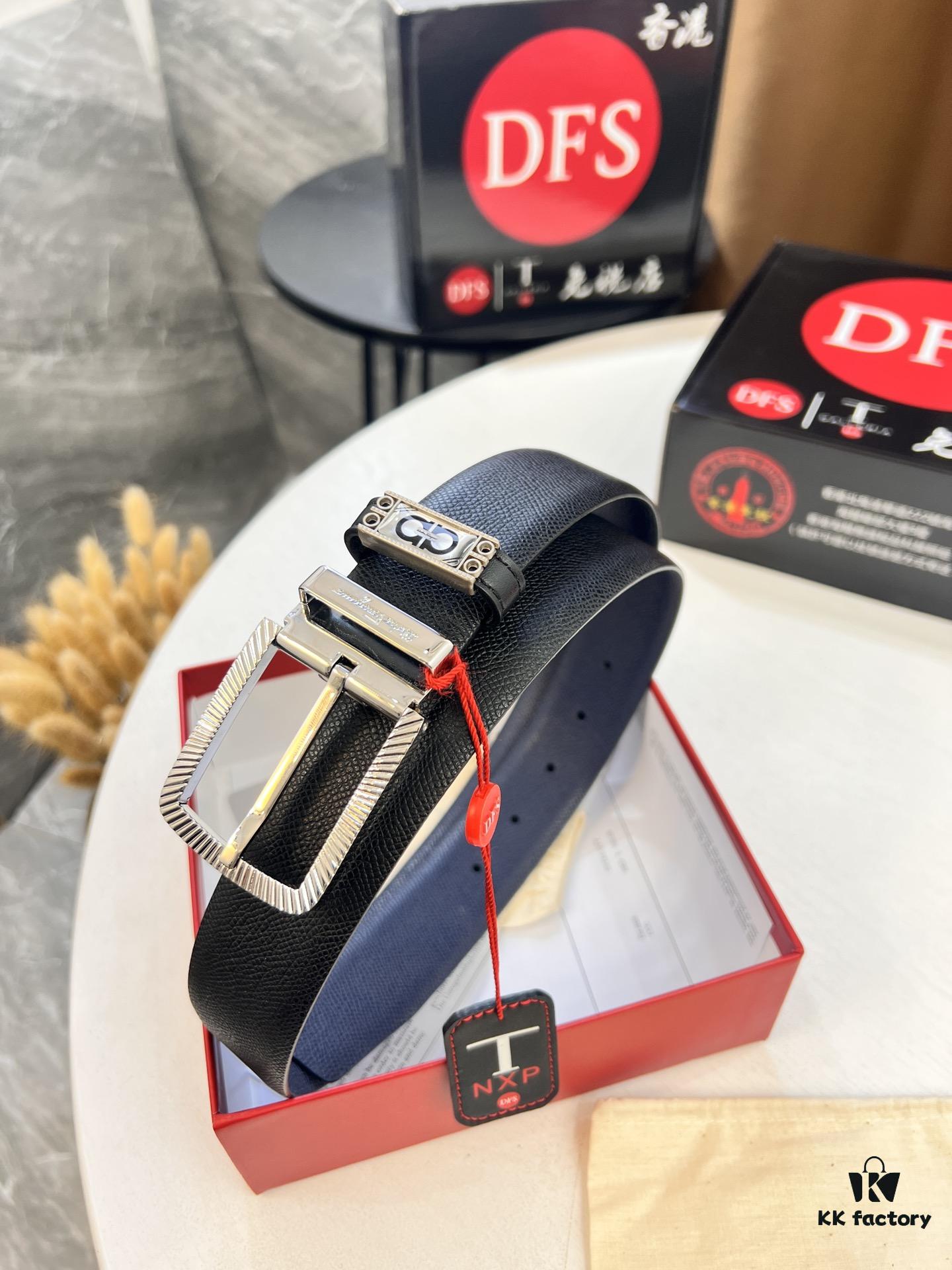 Ferragamo Men's Belt, Genuine First-Layer Cowhide with Palm Pattern, Reversible Design, 3.5cm Width, H-Frame Buckle, Precision Stainless Steel Hardware