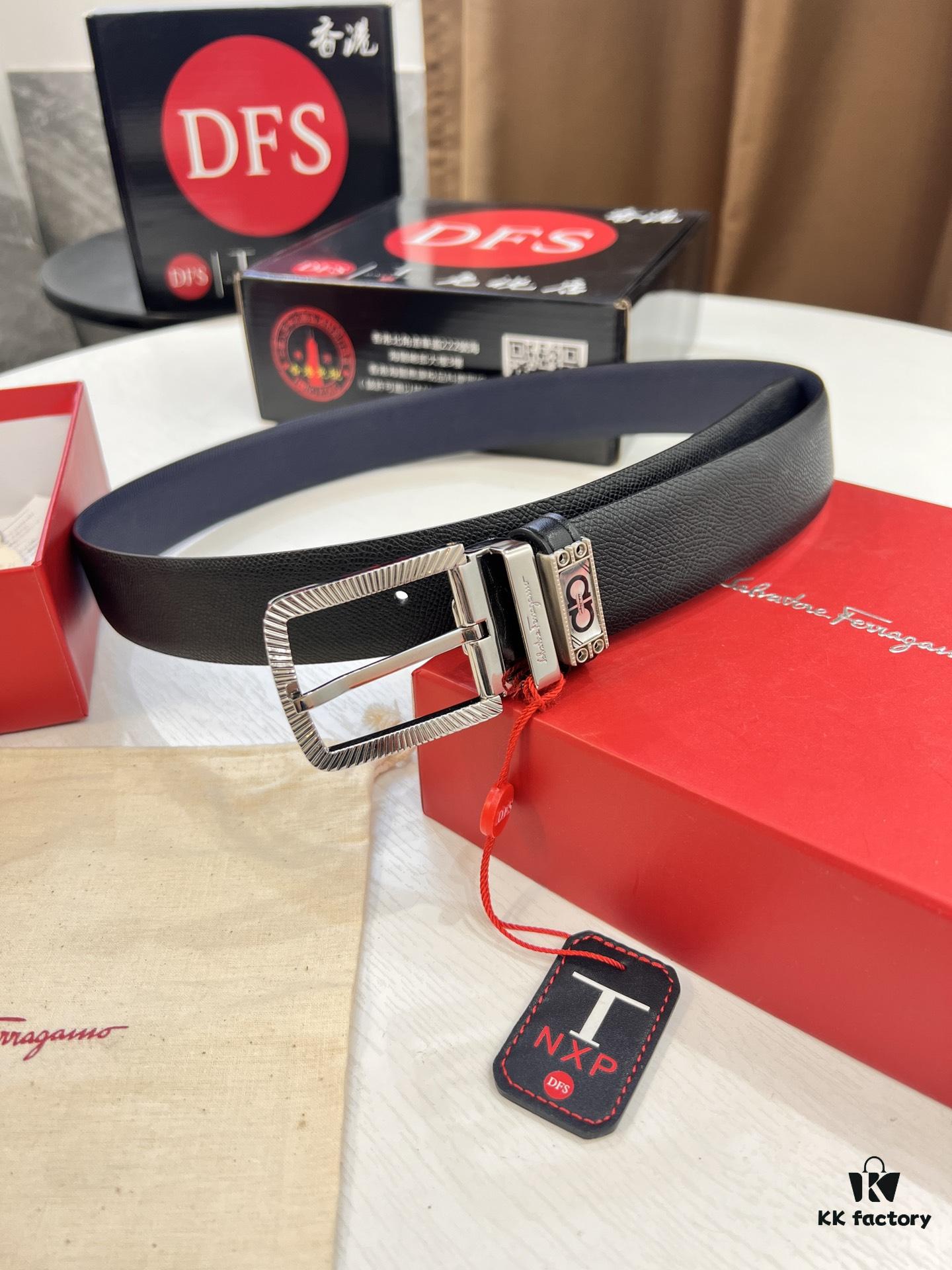 Ferragamo Men's Belt, Genuine First-Layer Cowhide with Palm Pattern, Reversible Design, 3.5cm Width, H-Frame Buckle, Precision Stainless Steel Hardware