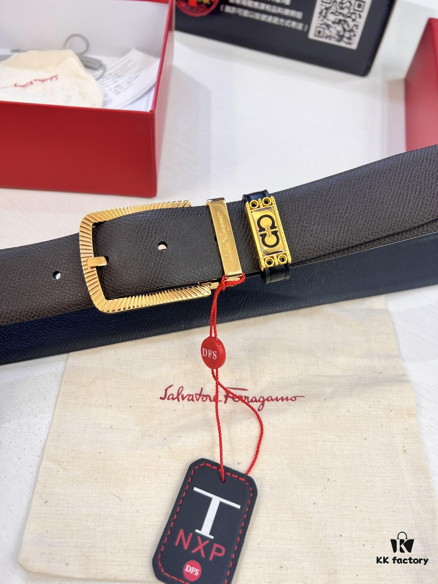 Ferragamo Men's Belt, Genuine First-Layer Cowhide with Palm Pattern, Reversible Design, 3.5cm Width, Stainless Steel '8' Shape Pin Buckle