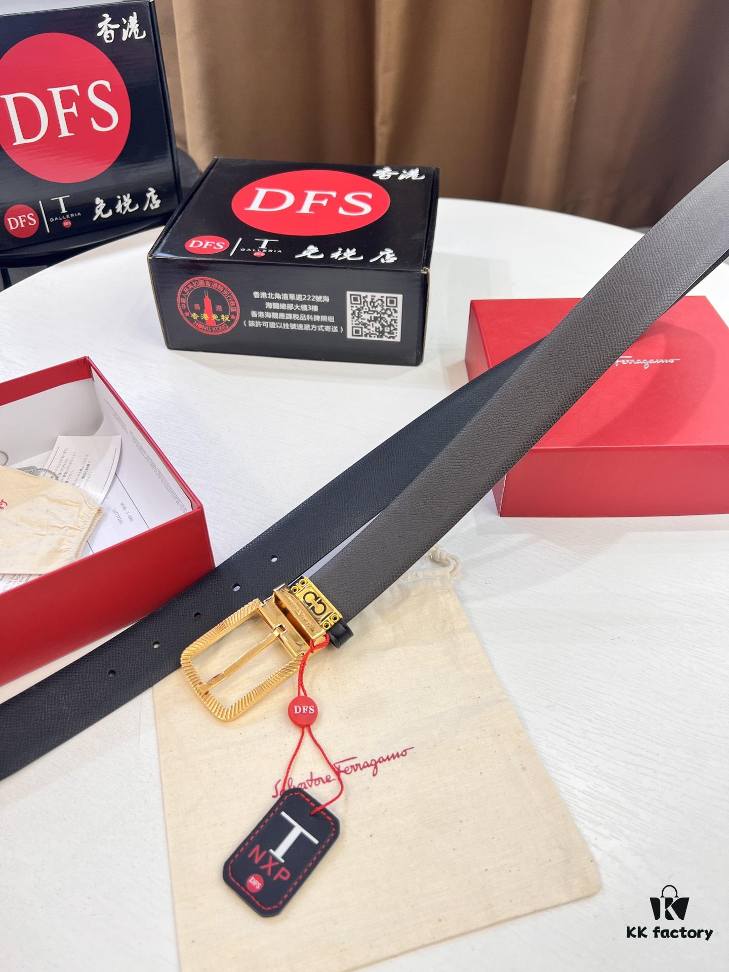 Ferragamo Men's Belt, Genuine First-Layer Cowhide with Palm Pattern, Reversible Design, 3.5cm Width, Stainless Steel '8' Shape Pin Buckle