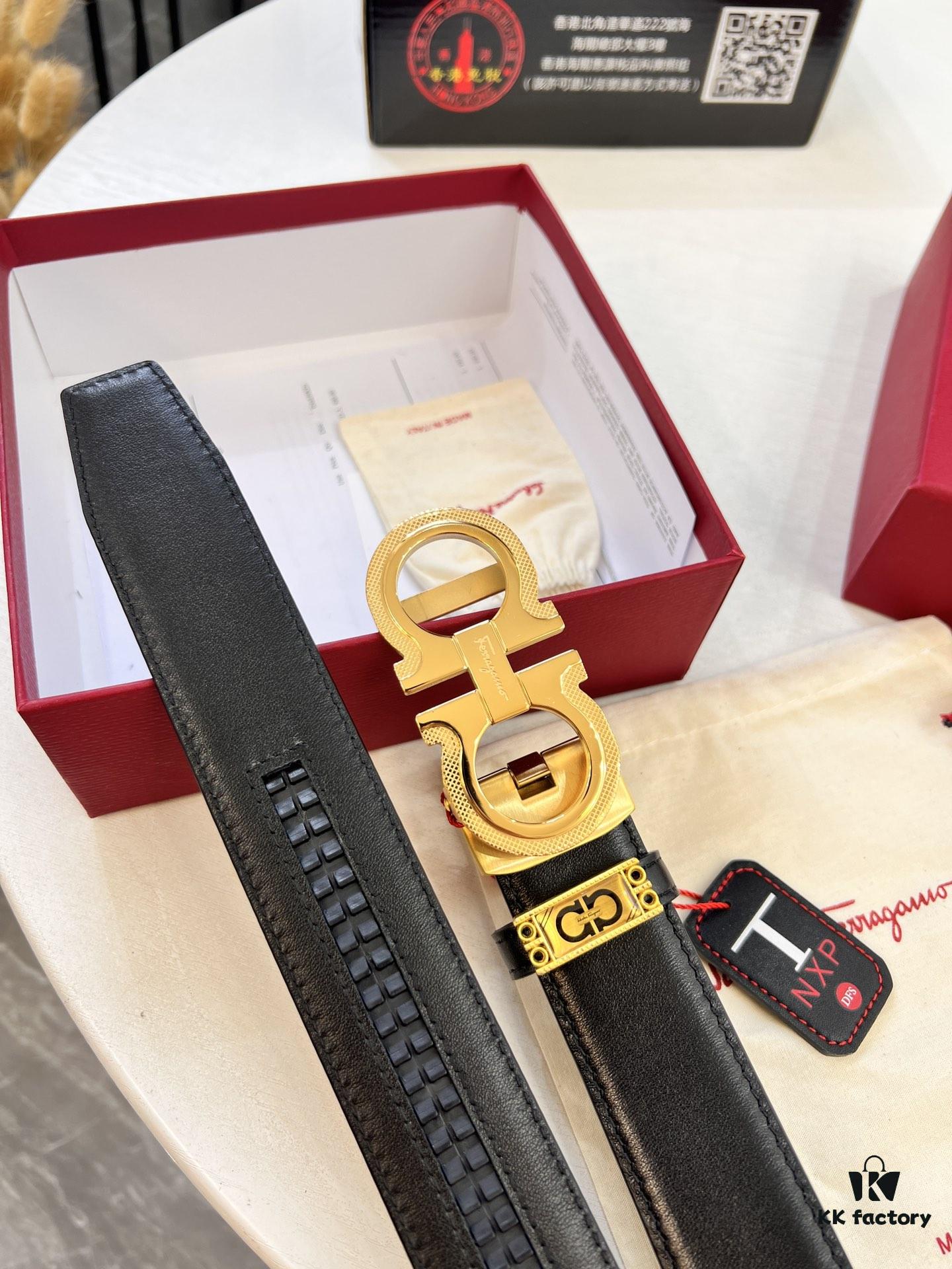 Arrival 🎺🎺 Genuine Photography, Ferragamo Automatic Series Men's Belt, ZP Molded 8-Shaped Beveled Pattern with Stainless Steel Hardware, Business Belt, Imported Xiao Ferragamo Plain Full-Grain Cowhide, Automatic Tooth Slide, Width 3.5 cm
