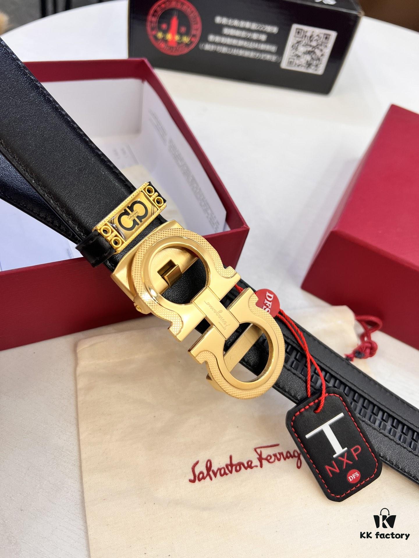 Arrival 🎺🎺 Genuine Photography, Ferragamo Automatic Series Men's Belt, ZP Molded 8-Shaped Beveled Pattern with Stainless Steel Hardware, Business Belt, Imported Xiao Ferragamo Plain Full-Grain Cowhide, Automatic Tooth Slide, Width 3.5 cm
