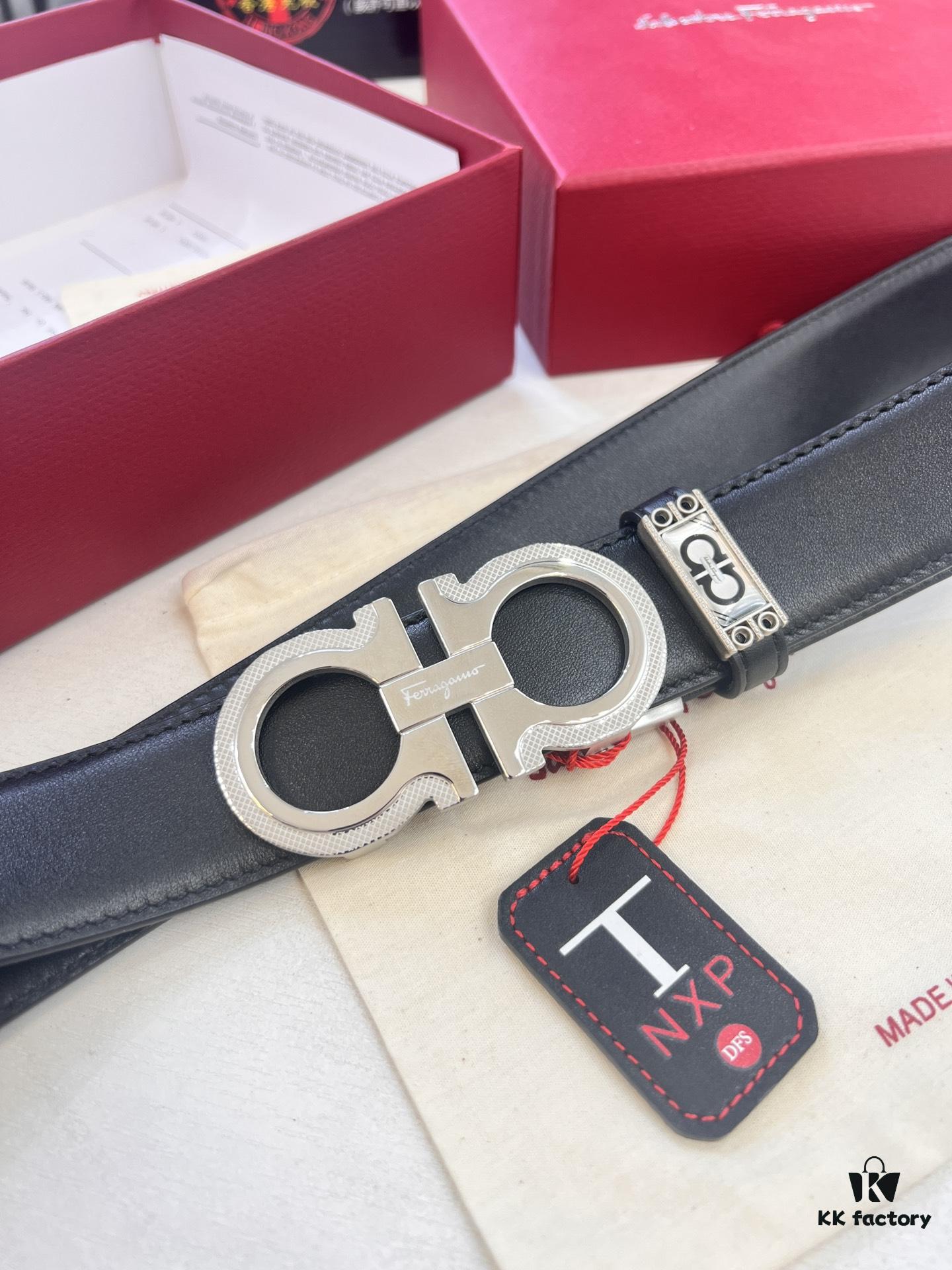 Arrival 🎺🎺 Authentic Photography, Ferragamo Automatic Series Men's Belt, ZP Molded 8-Shaped Beveled Pattern with Stainless Steel Hardware, Business Belt, Imported Xiao Ferragamo Smooth Grain Top-Layer Cowhide, Automatic Tooth Adjustment, 3.5 cm Width