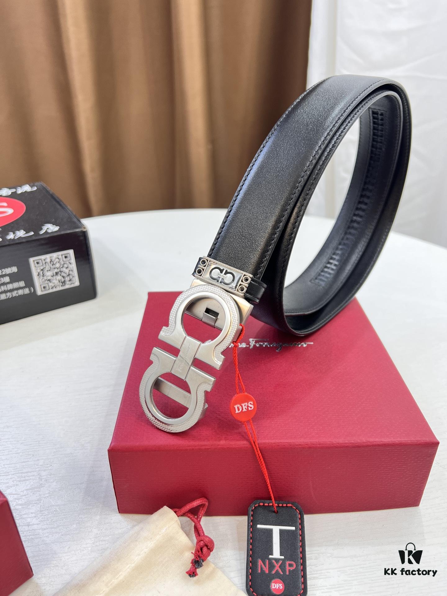 Arrival 🎺🎺 Authentic Photography, Ferragamo Automatic Series Men's Belt, ZP Molded 8-Shaped Beveled Pattern with Stainless Steel Hardware, Business Belt, Imported Xiao Ferragamo Smooth Grain Top-Layer Cowhide, Automatic Tooth Adjustment, 3.5 cm Width