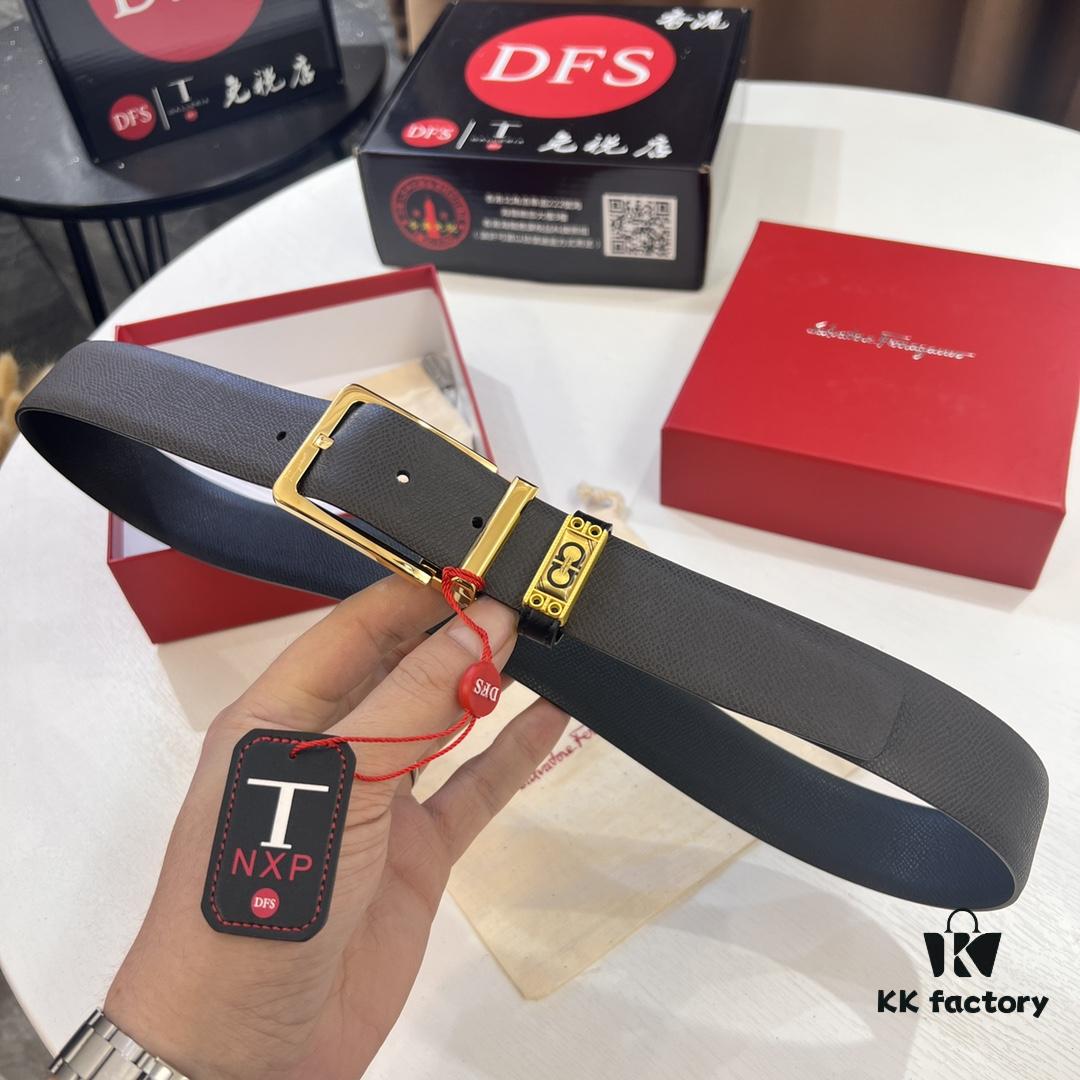 Ferragamo Men's Belt, Genuine First-Layer Cowhide with Palm Pattern, Reversible Design, 3.5cm Width, Stainless Steel '8' Buckle