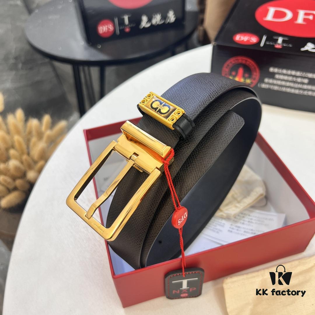 Ferragamo Men's Belt, Genuine First-Layer Cowhide with Palm Pattern, Reversible Design, 3.5cm Width, Stainless Steel '8' Buckle